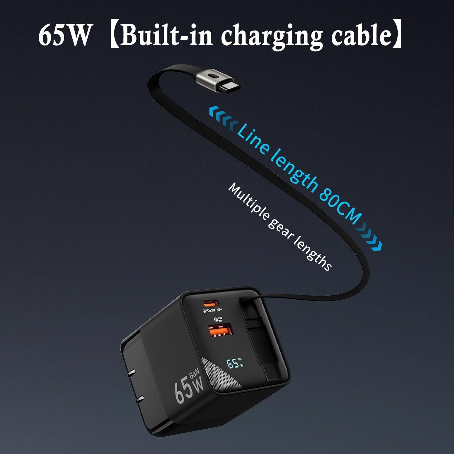 Cargador USB C HATALKIN 65W Plegable con Cable Retráctil