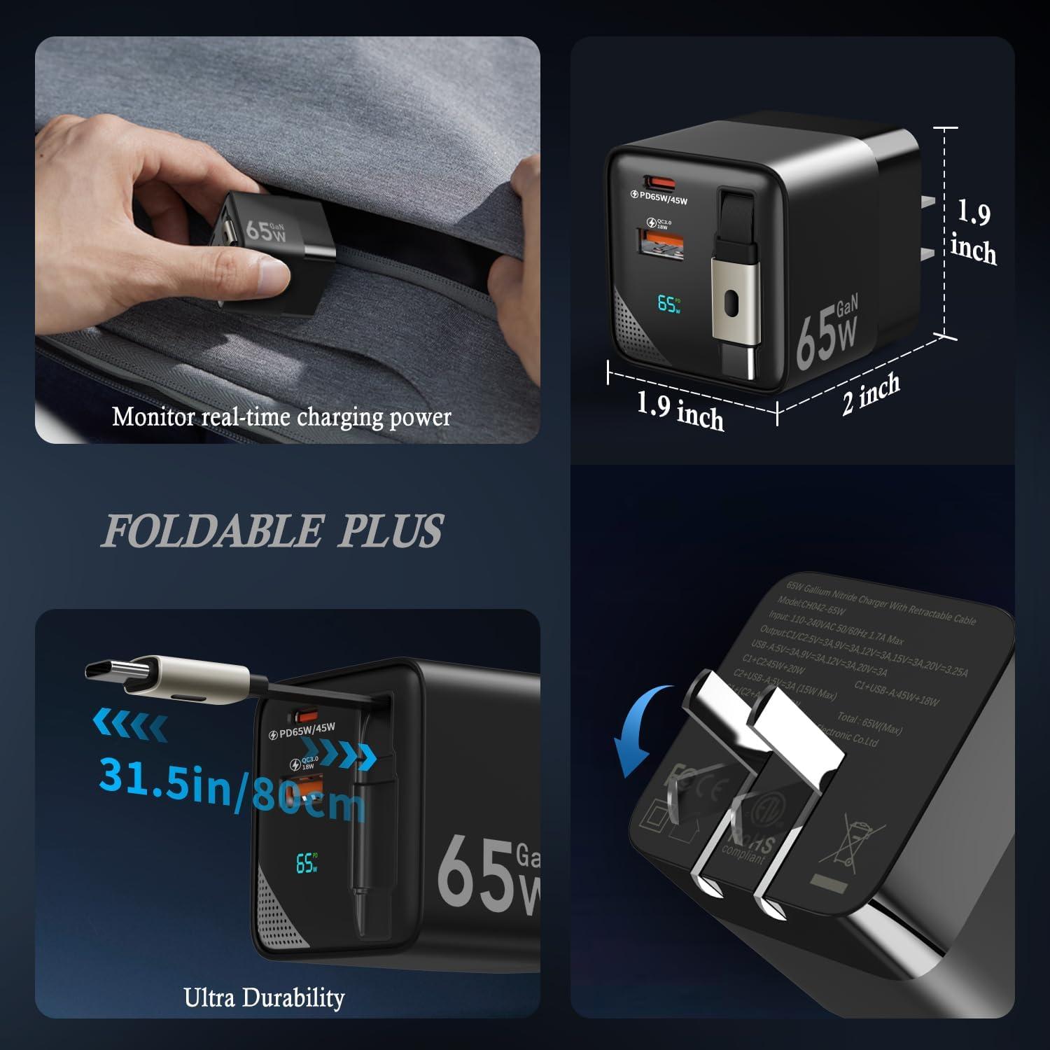 Cargador USB C HATALKIN 65W Plegable con Cable Retráctil