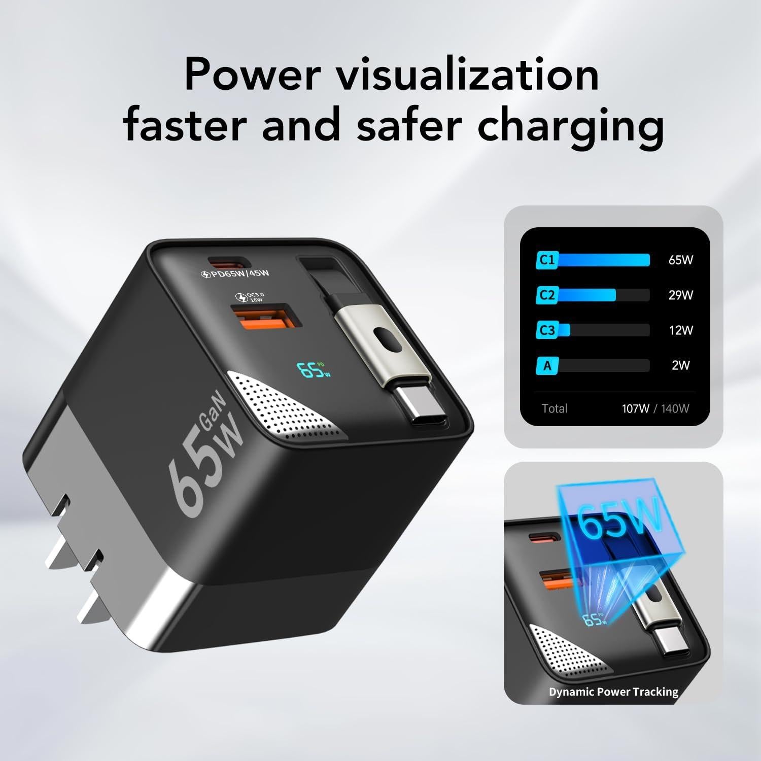 Cargador USB C HATALKIN 65W Plegable con Cable Retráctil