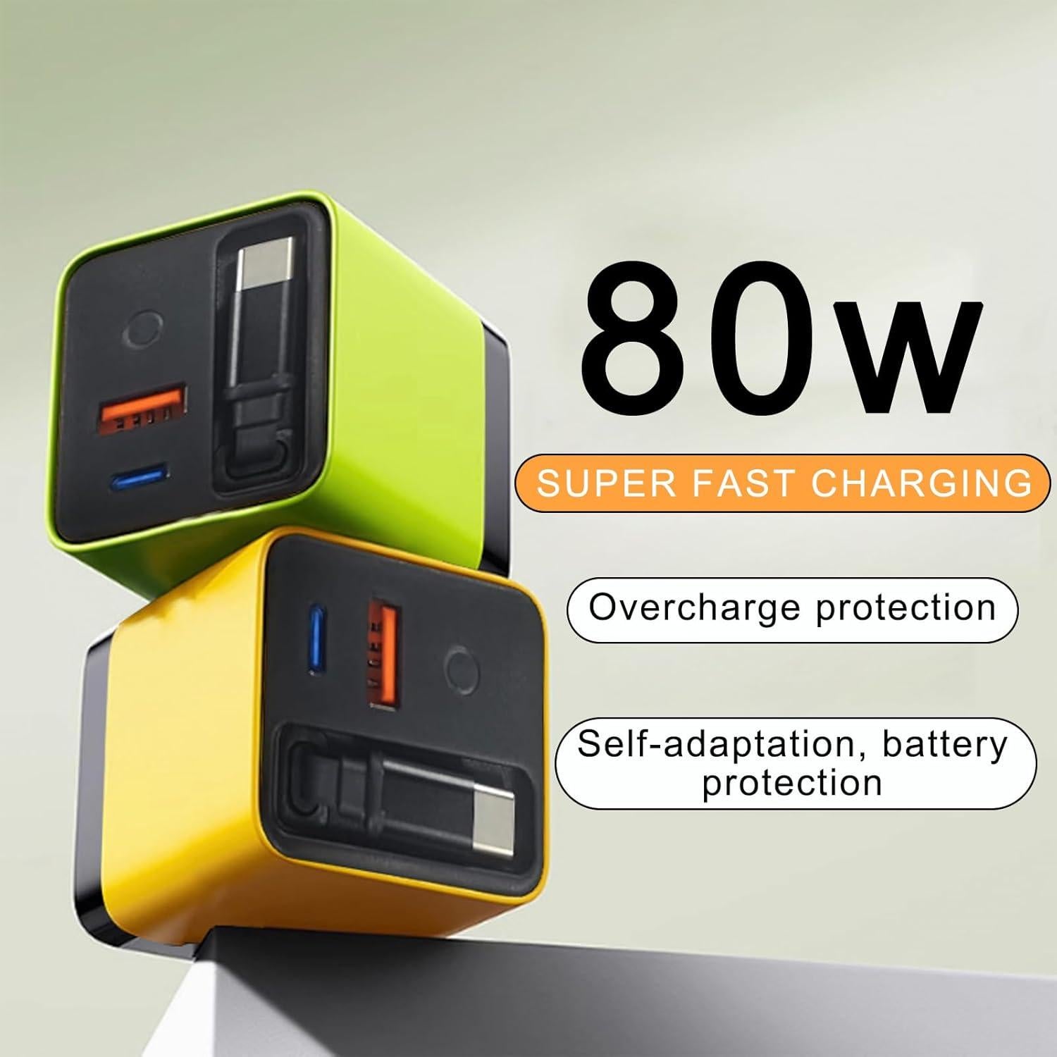 Cargador 3 en 1 Henguans Rápido 80W con USB y Tipo-C Verde