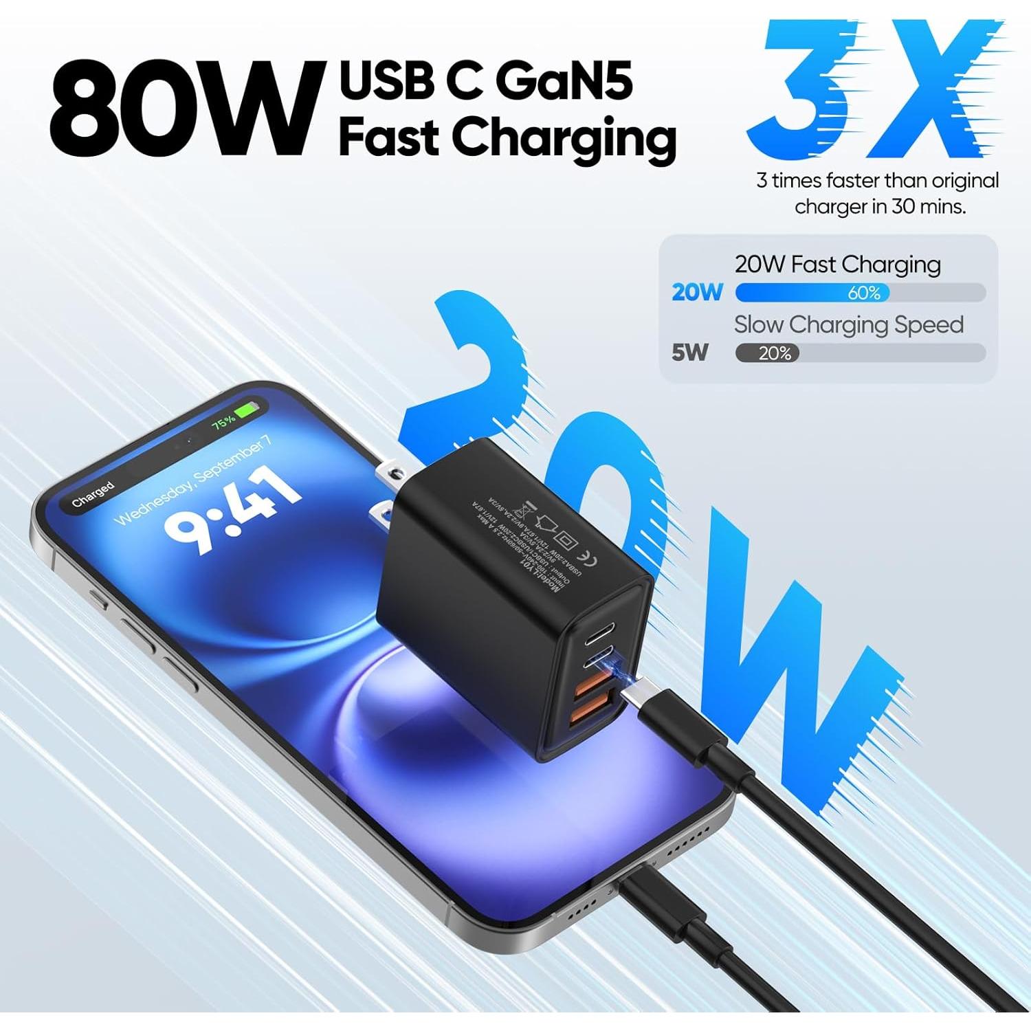 Cargador de Pared USB C 80W 4 Puertos GaN - Paquete de 2