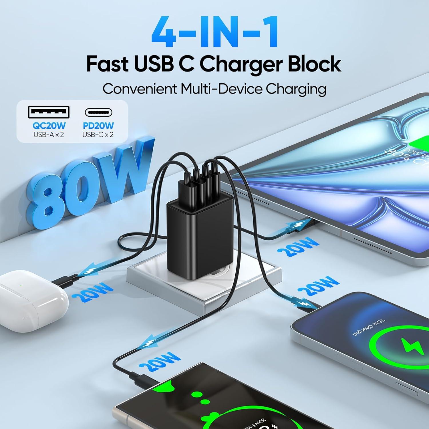 Cargador de Pared USB C 80W 4 Puertos GaN - Paquete de 2
