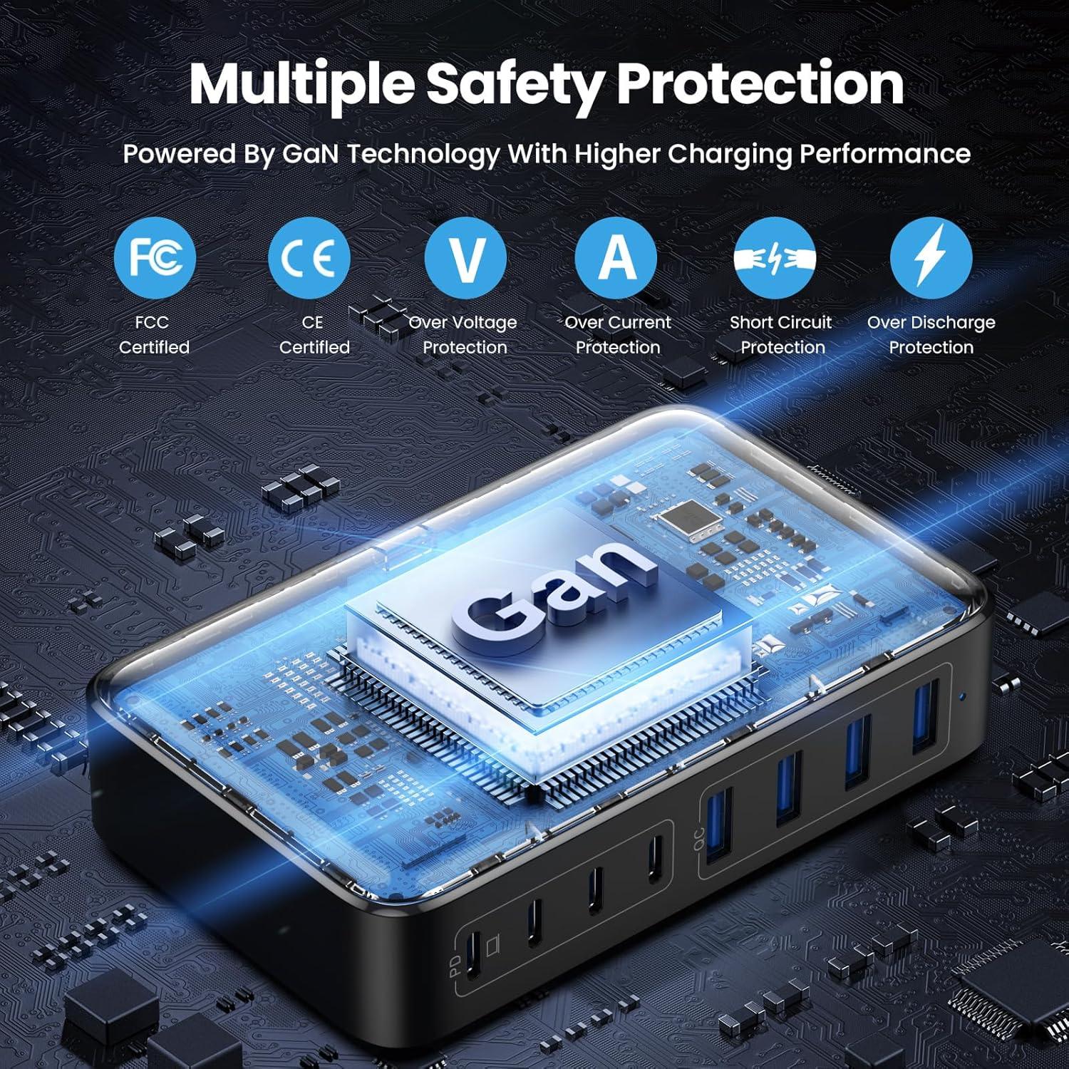 Cargador USB C 200W GaN III 8 Puertos Rápido para Laptop