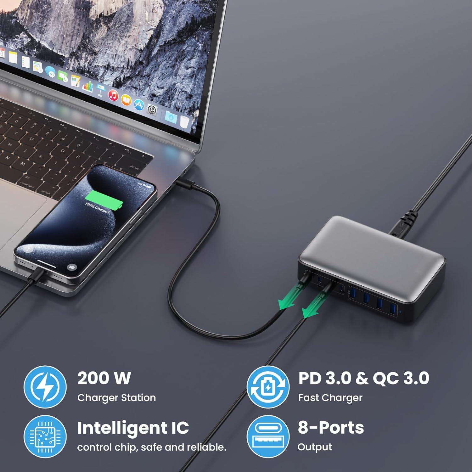 Cargador USB C 200W GaN III 8 Puertos Rápido para Laptop