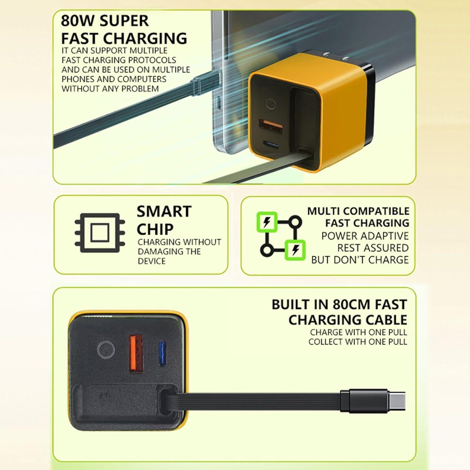 Cargador Rápido 3 en 1 OFIGAS 80W GaN con Cable USB-C