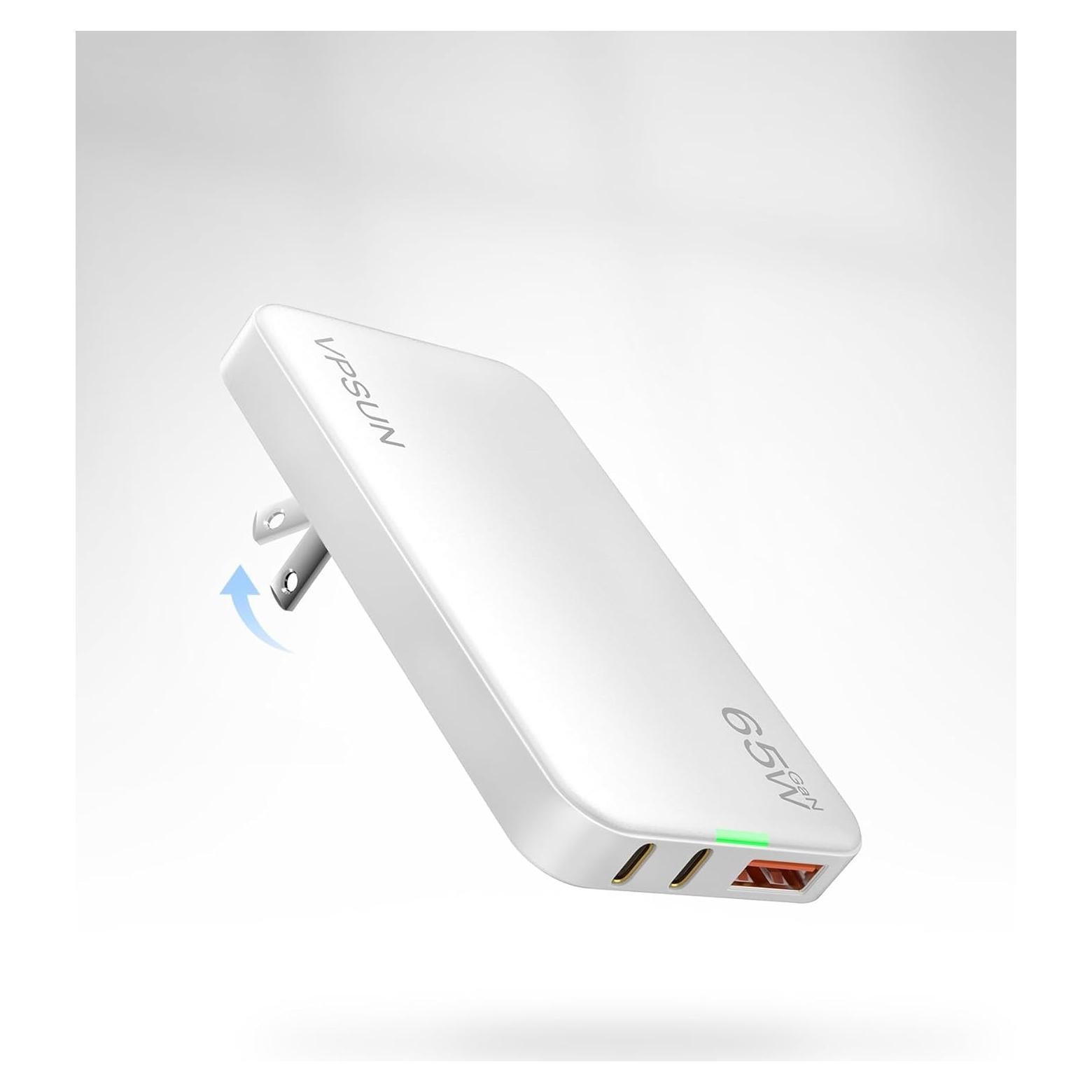 Cargador de pared USB-C 65W VPSUN, 3 puertos, plegable, blanco