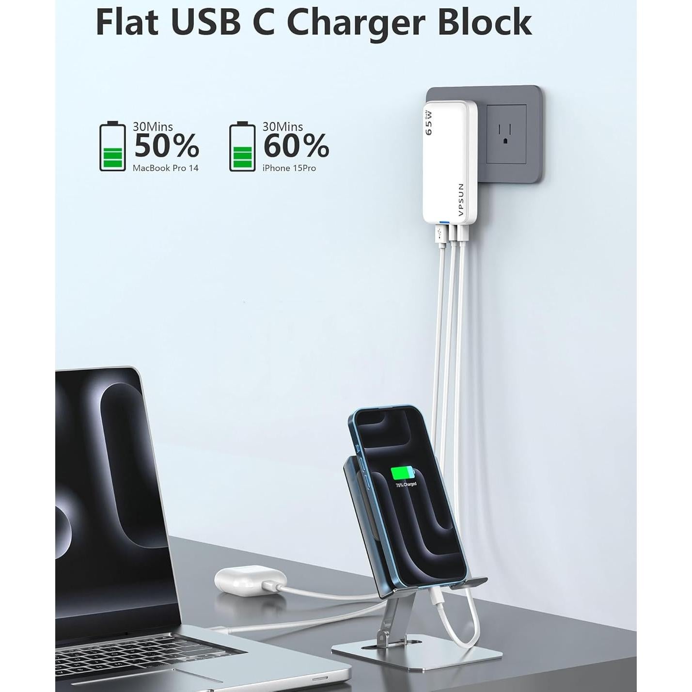 Cargador de pared USB-C 65W VPSUN, 3 puertos, plegable, blanco