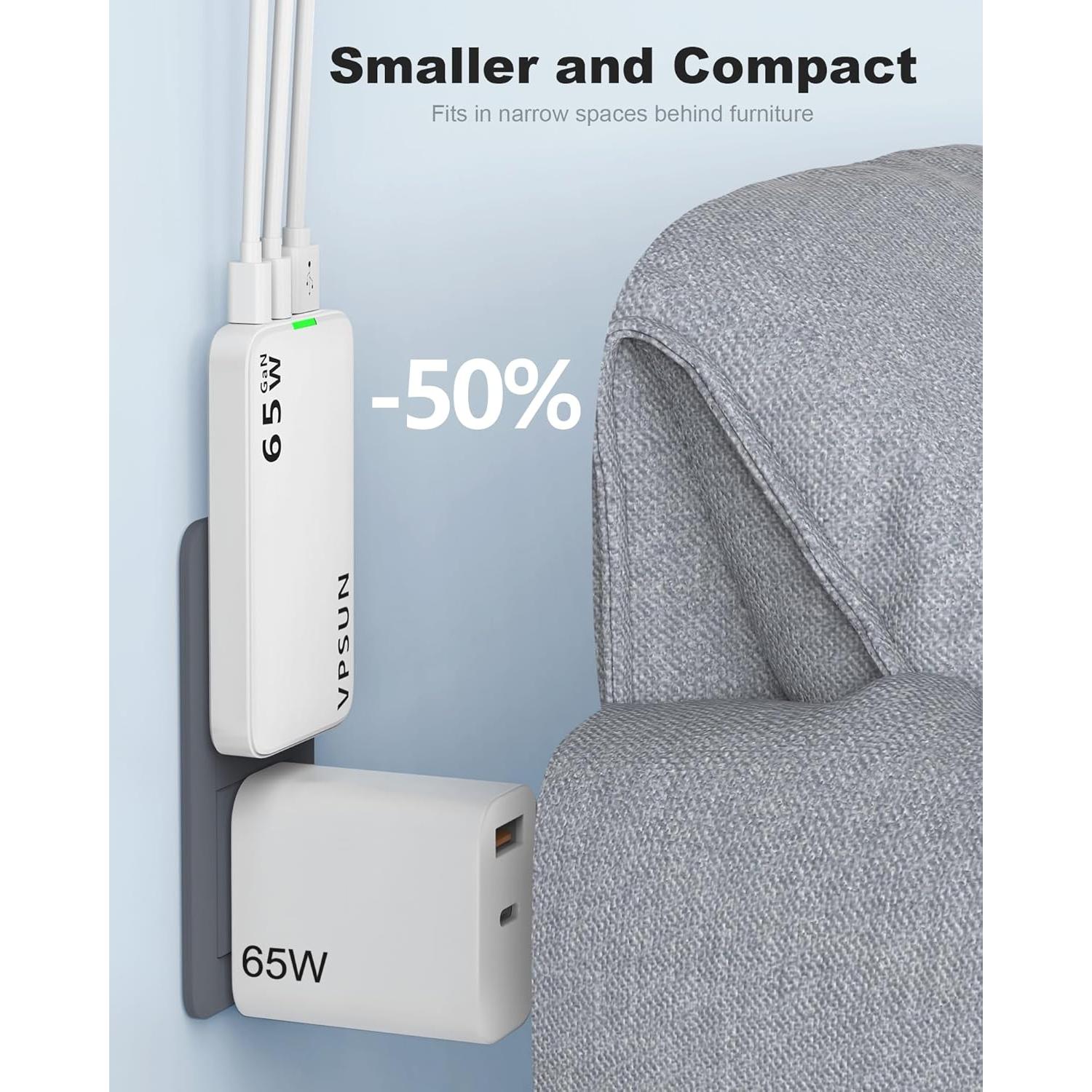 Cargador de pared USB-C 65W VPSUN, 3 puertos, plegable, blanco