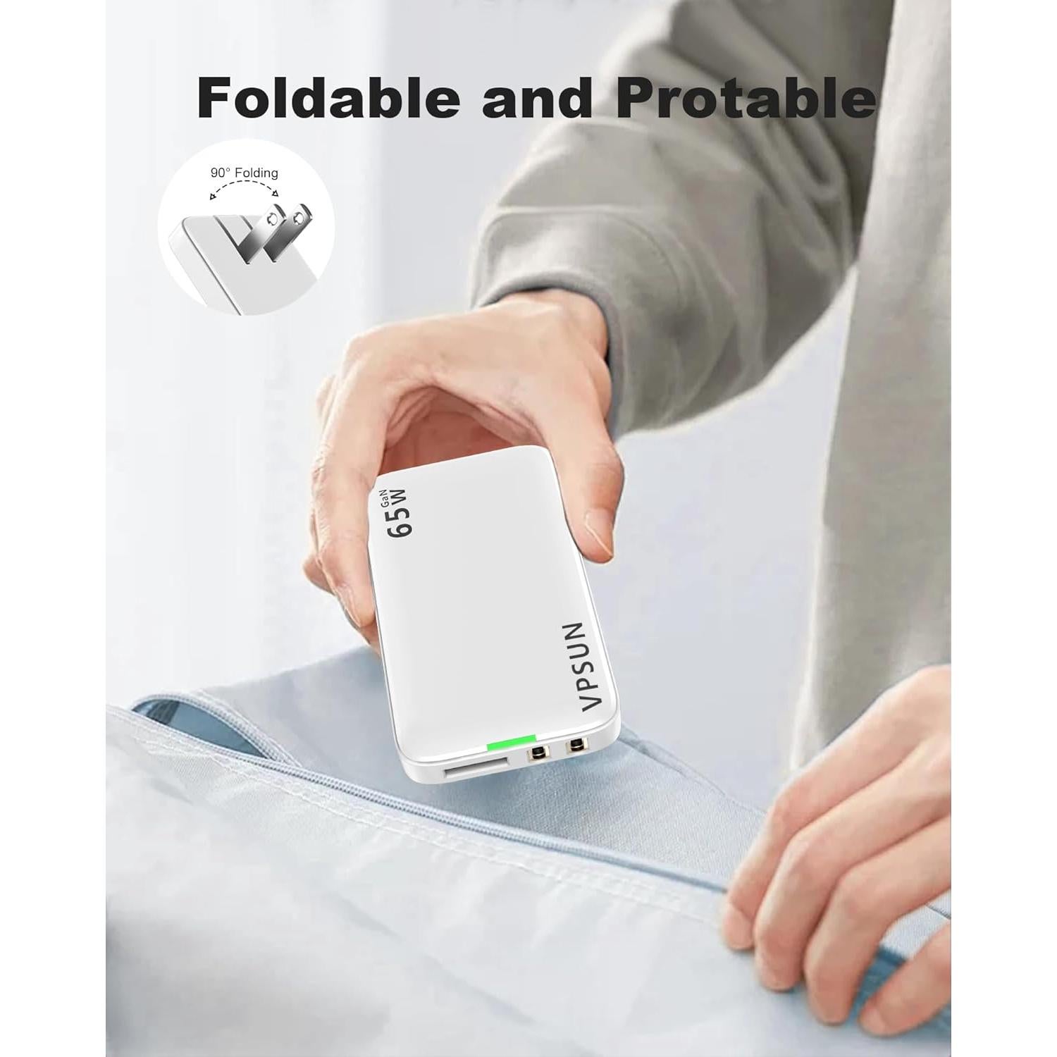 Cargador de pared USB-C 65W VPSUN, 3 puertos, plegable, blanco