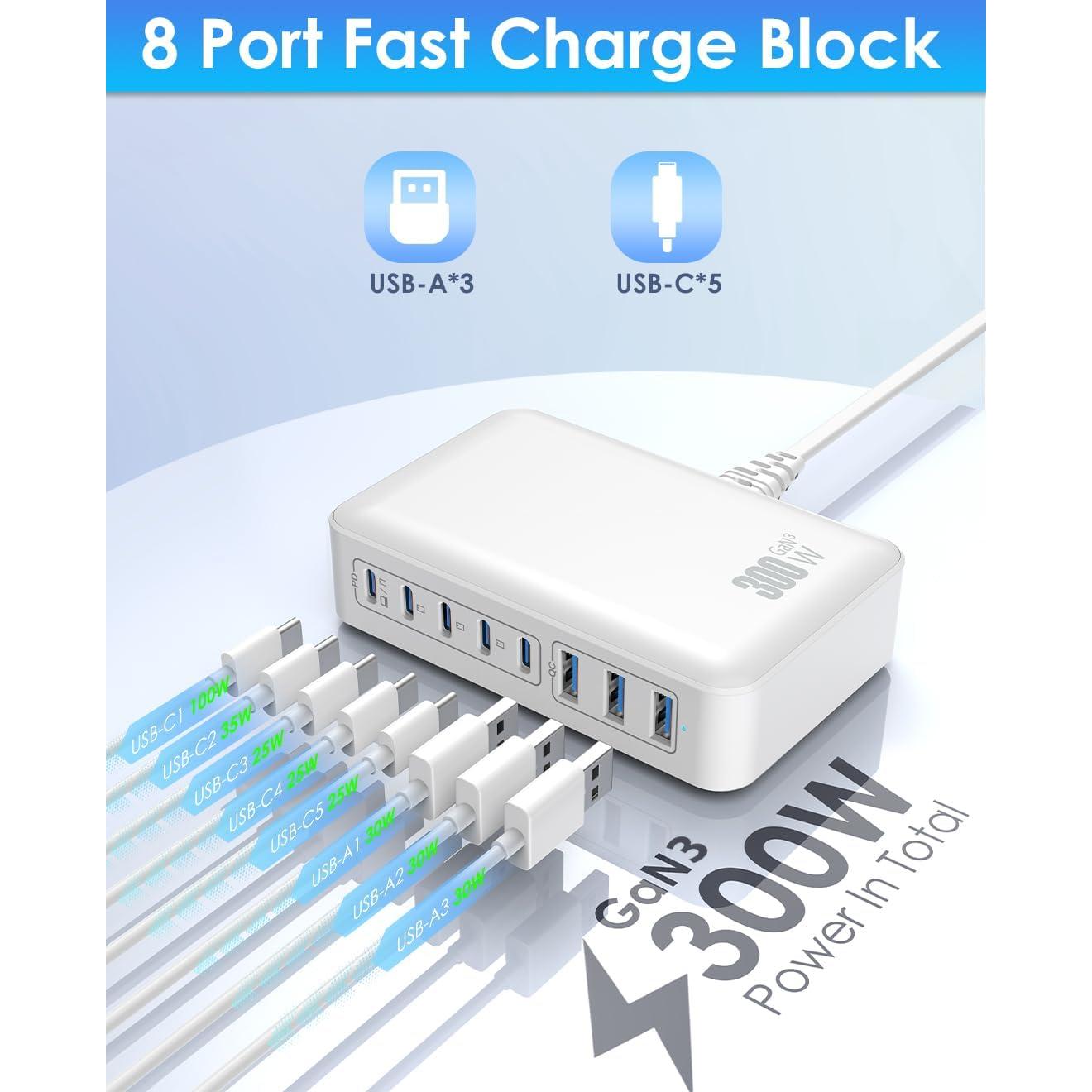 Estación de Carga USB C 300W - Hub 8 Puertos PD 100W