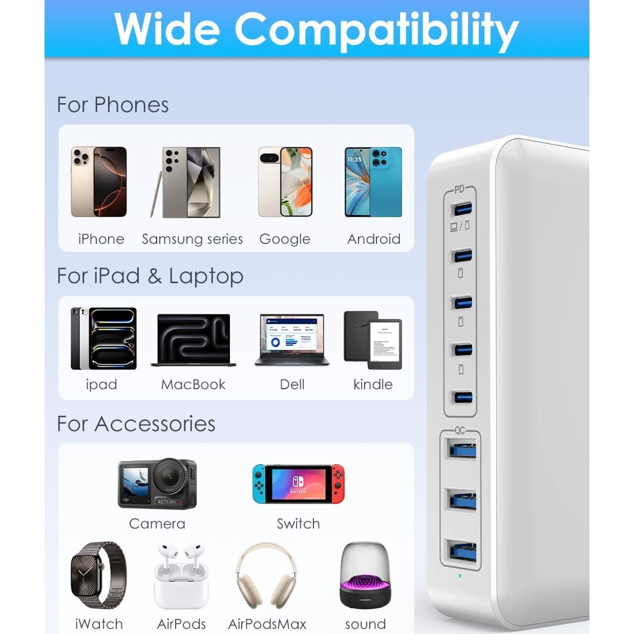 Estación de Carga USB C 300W - Hub 8 Puertos PD 100W