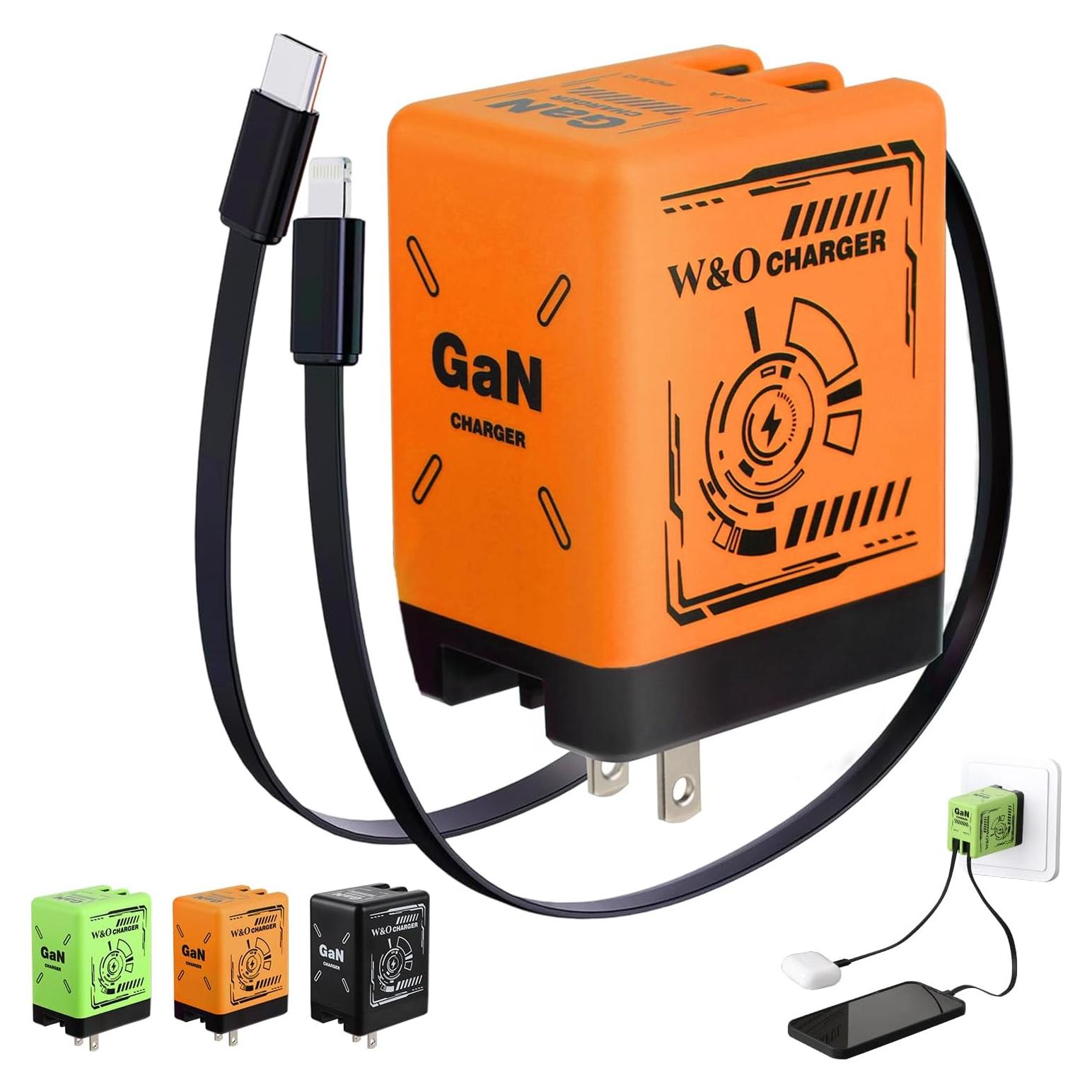 Cargador Rápido GaN W&O 2-en-1 con Cables Tipo-C y Lightning
