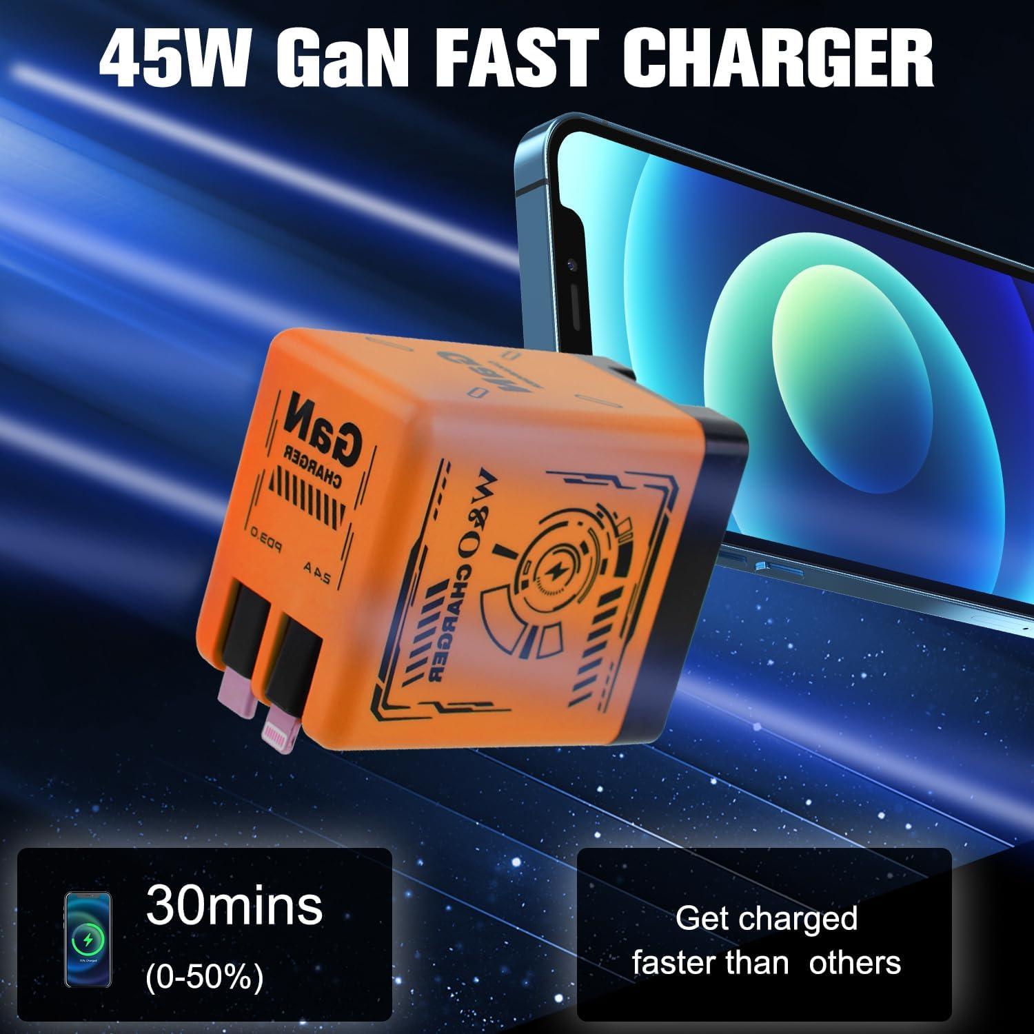 Cargador Rápido GaN W&O 2-en-1 con Cables Tipo-C y Lightning