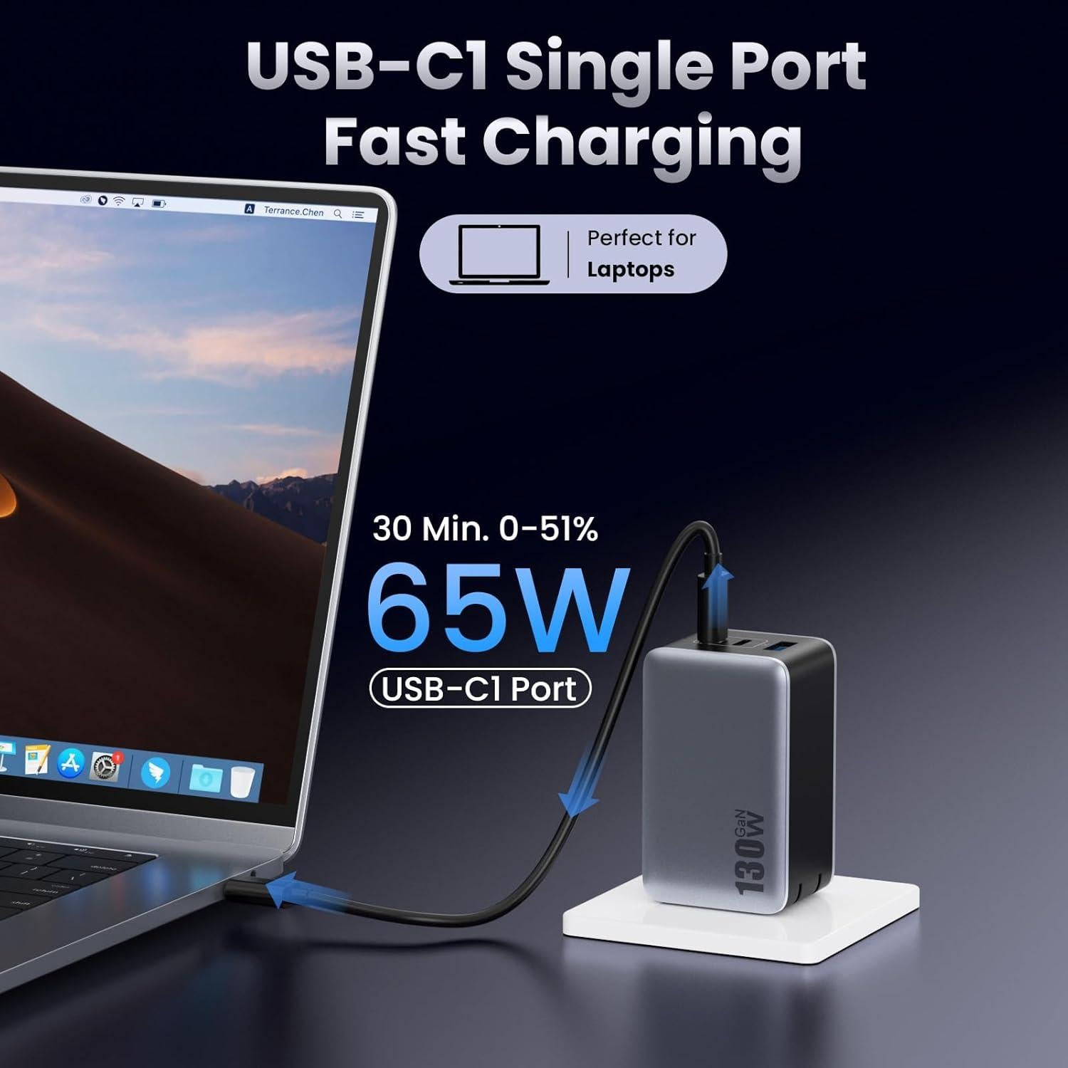Cargador USB-C 130W GaN Plegable 3 Puertos para Laptops y Móviles