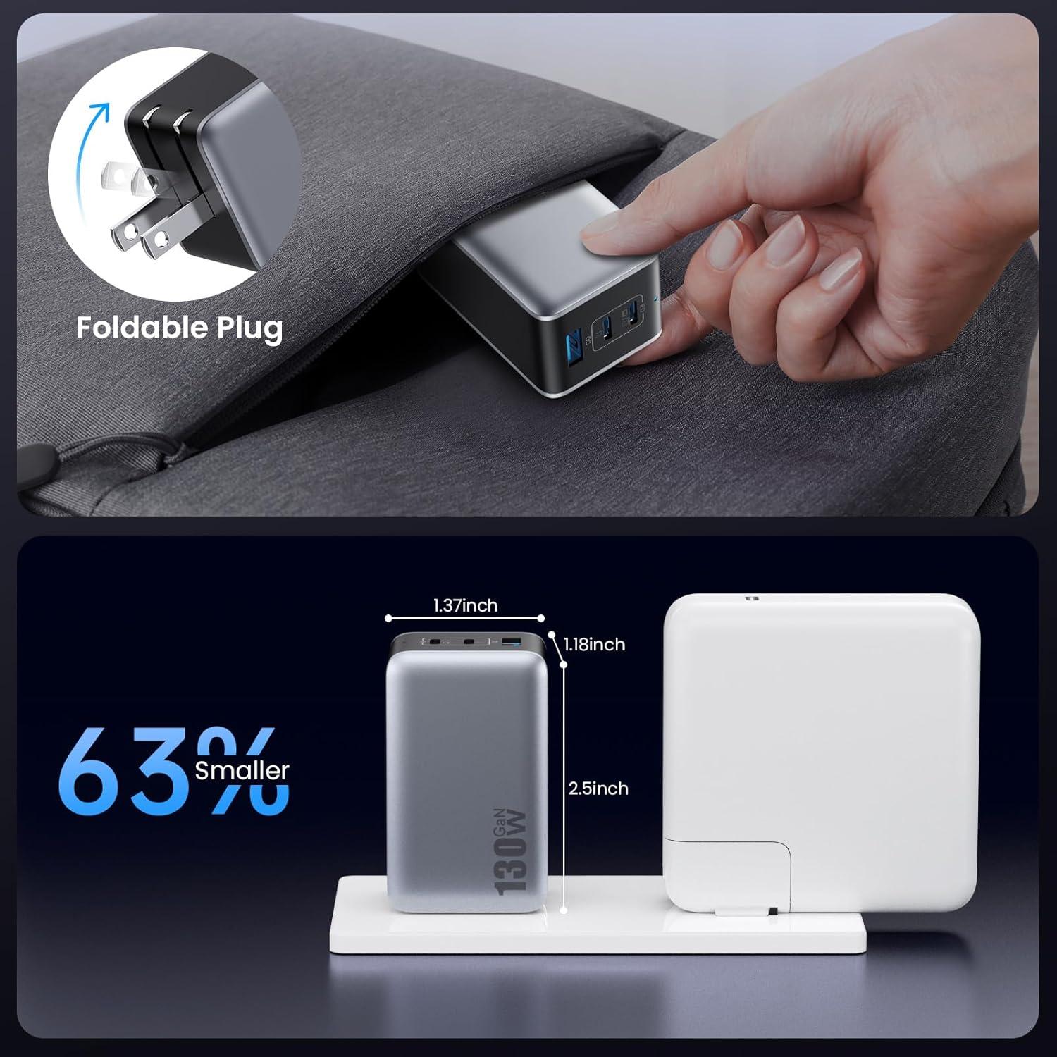 Cargador USB-C 130W GaN Plegable 3 Puertos para Laptops y Móviles