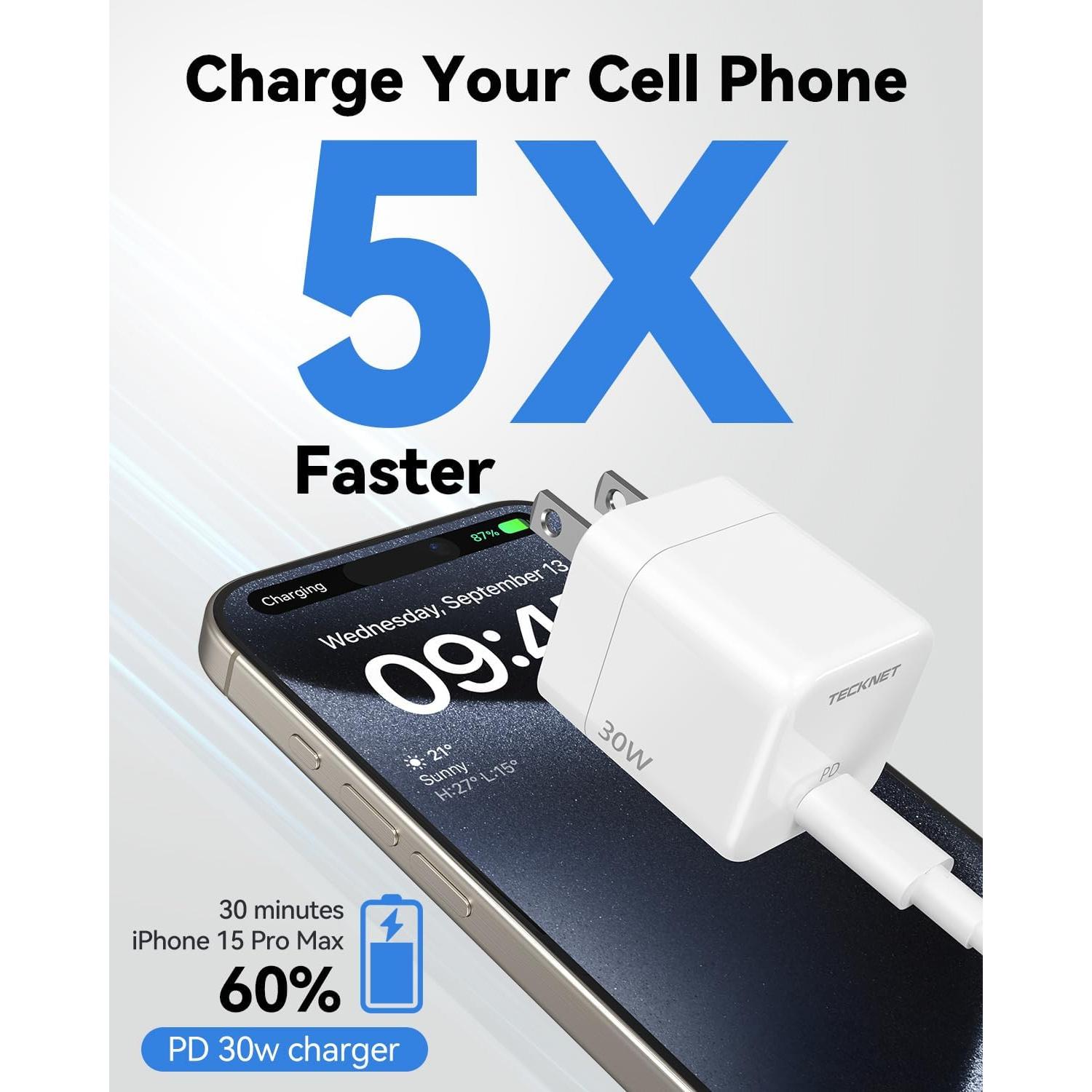 Cargador Rápido USB C TECKNET 30W con Enchufe Plegable