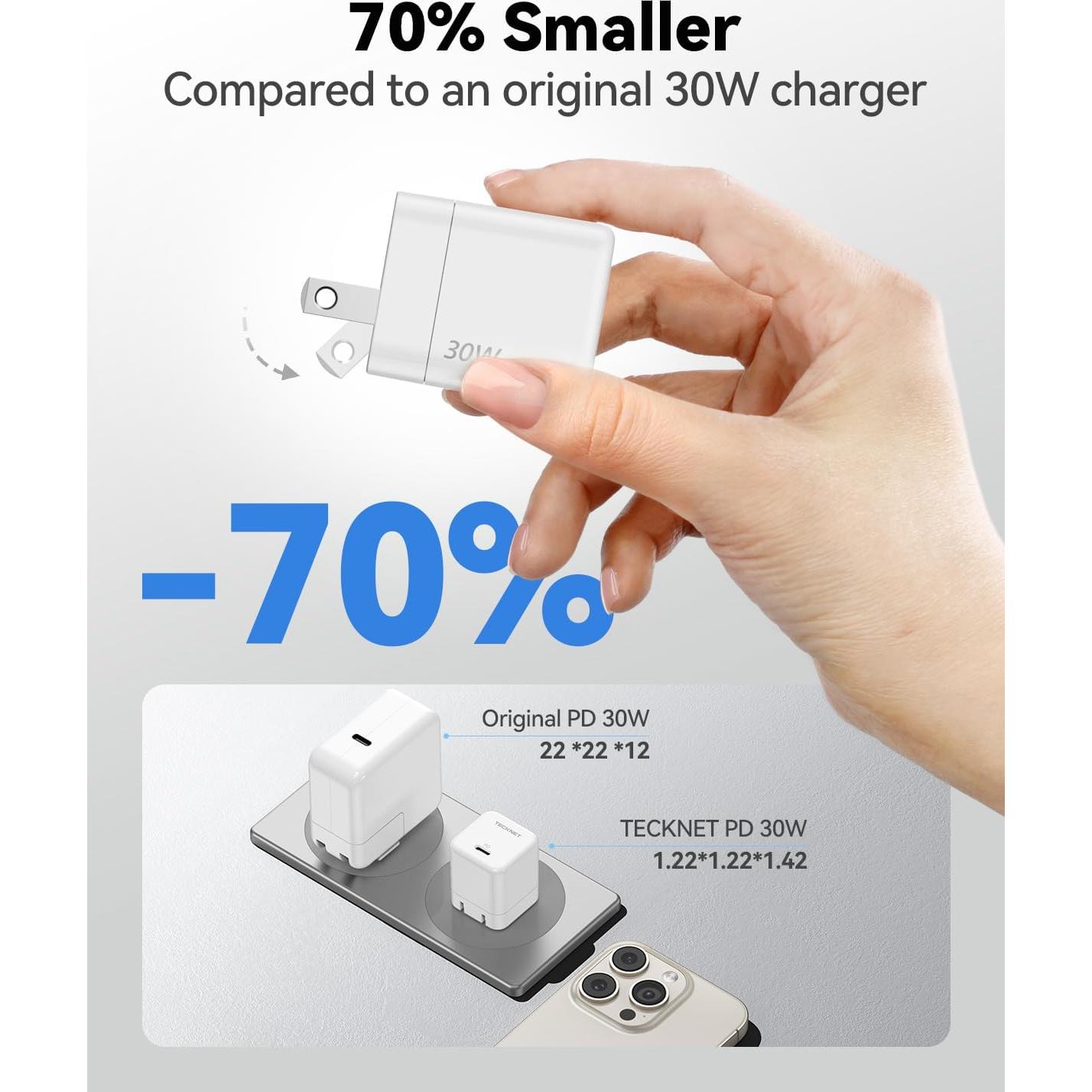 Cargador Rápido USB C TECKNET 30W con Enchufe Plegable