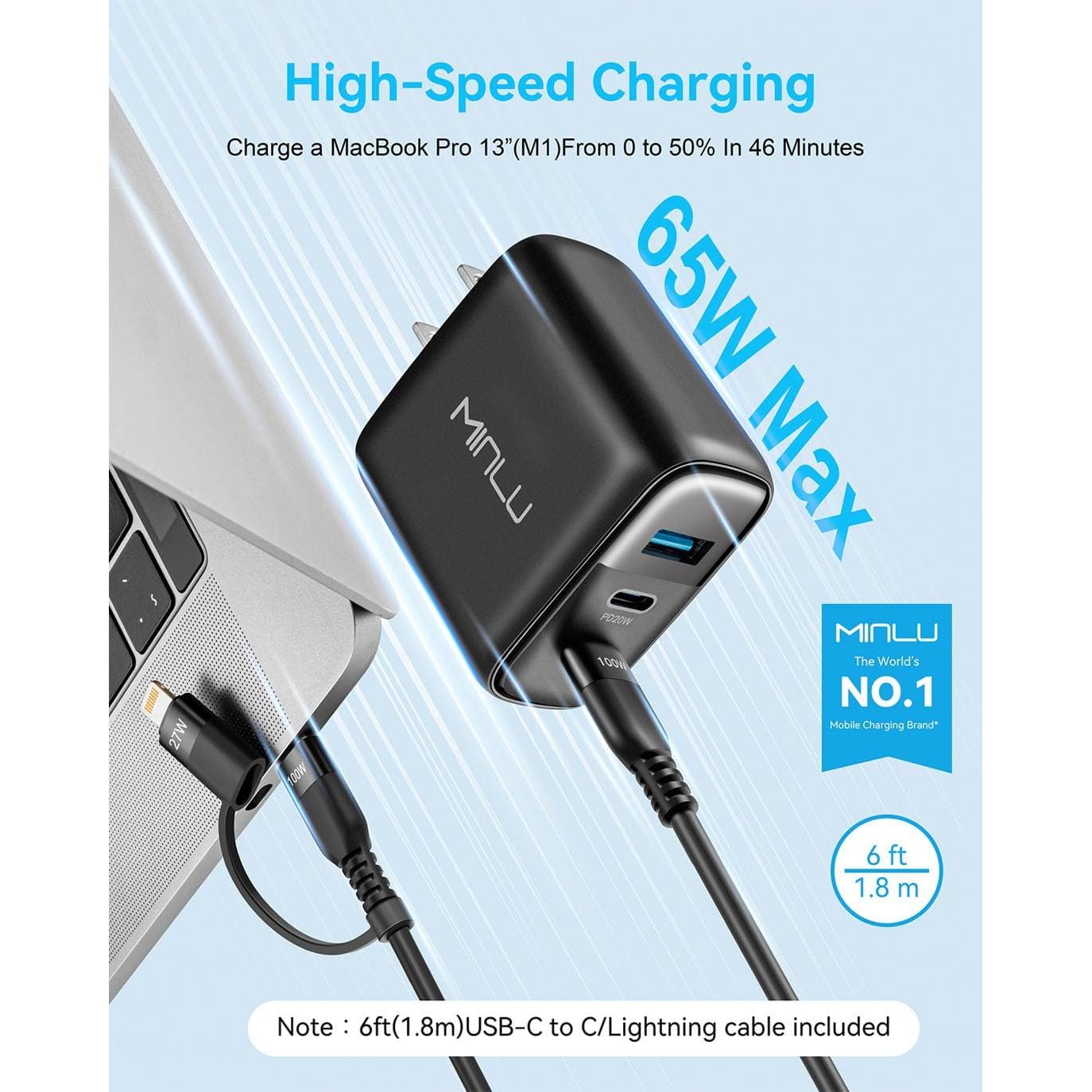 Cargador USB C 65W MINLU GaN 3 Puertos + Cable 100W 2-en-1