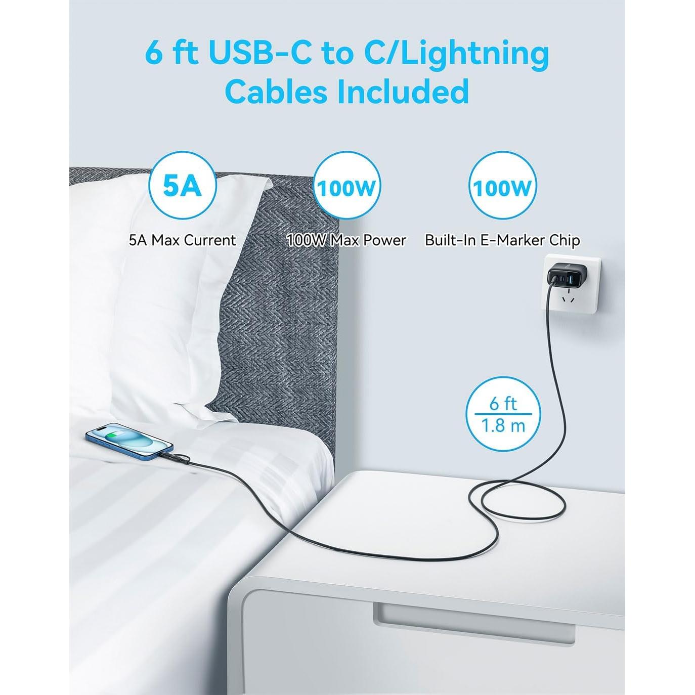 Cargador USB C 65W MINLU GaN 3 Puertos + Cable 100W 2-en-1