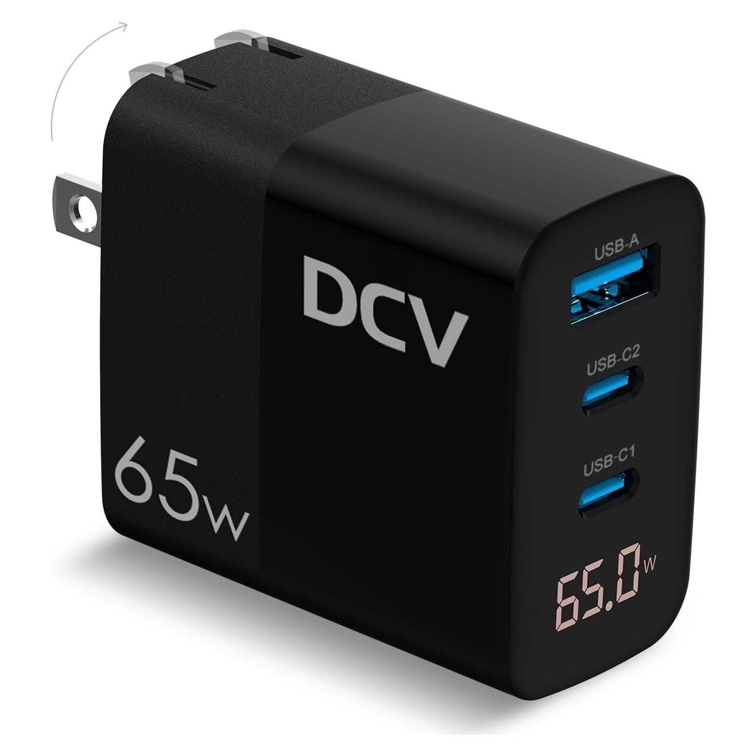 Cargador USB C 65W DCV con Pantalla LED y 3 Puertos - Negro