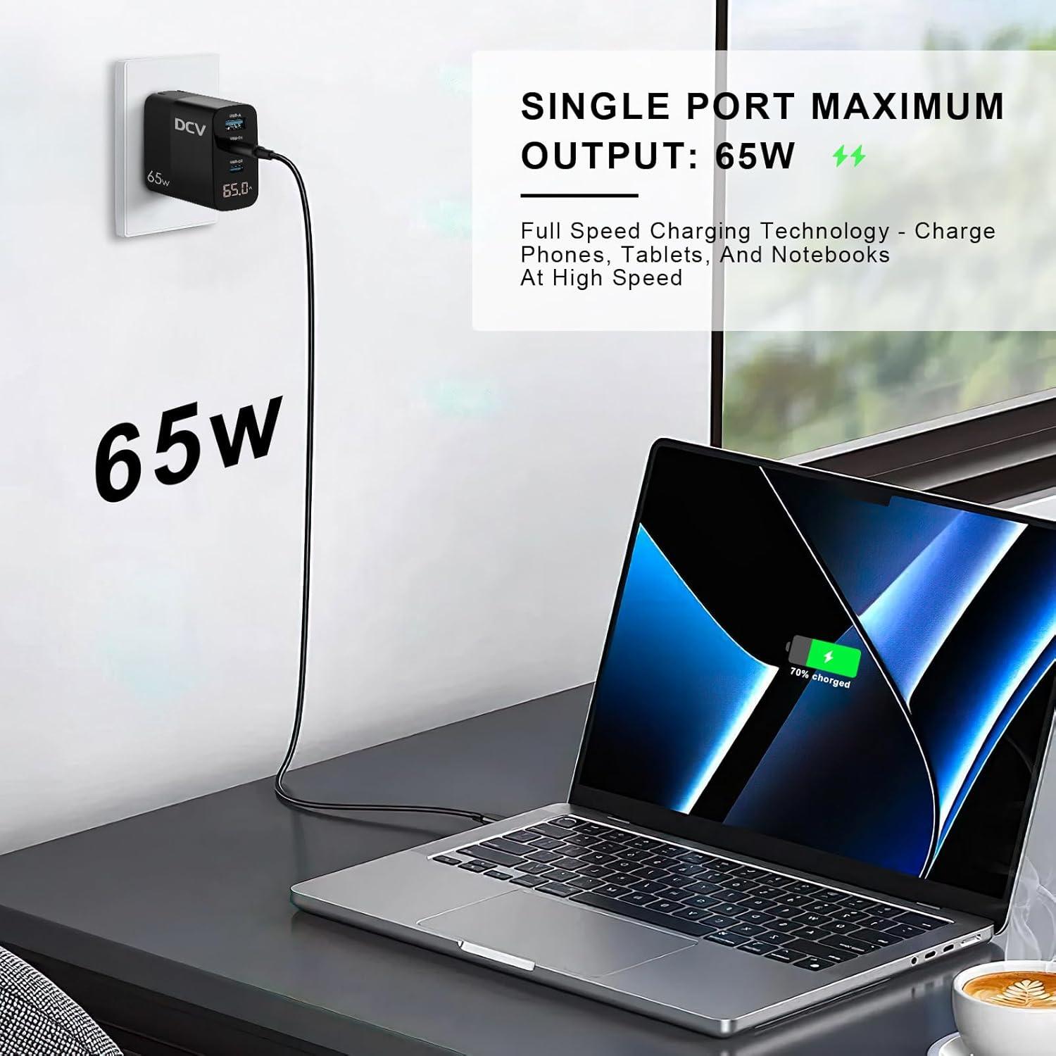 Cargador USB C 65W DCV con Pantalla LED y 3 Puertos - Negro