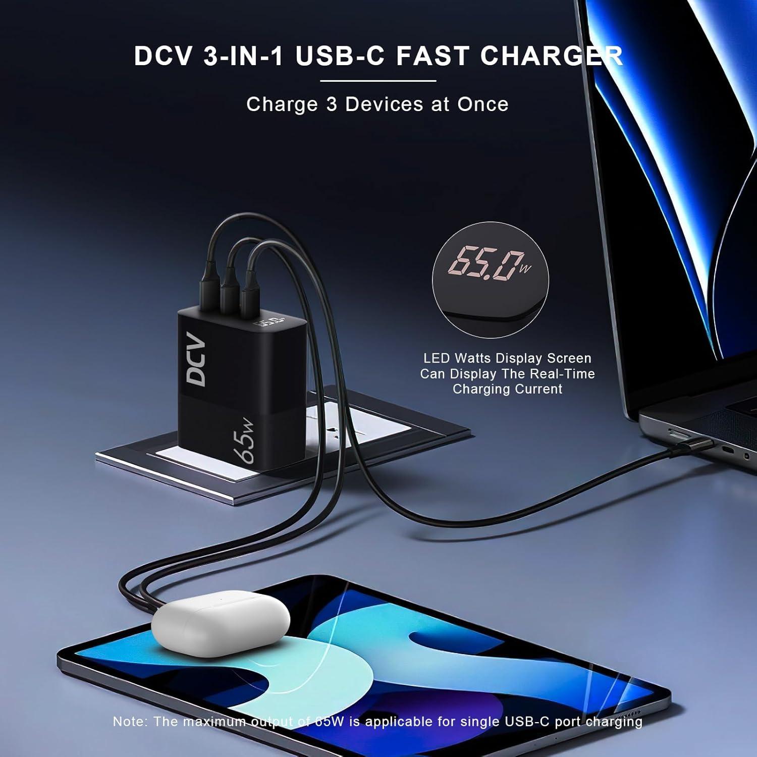 Cargador USB C 65W DCV con Pantalla LED y 3 Puertos - Negro