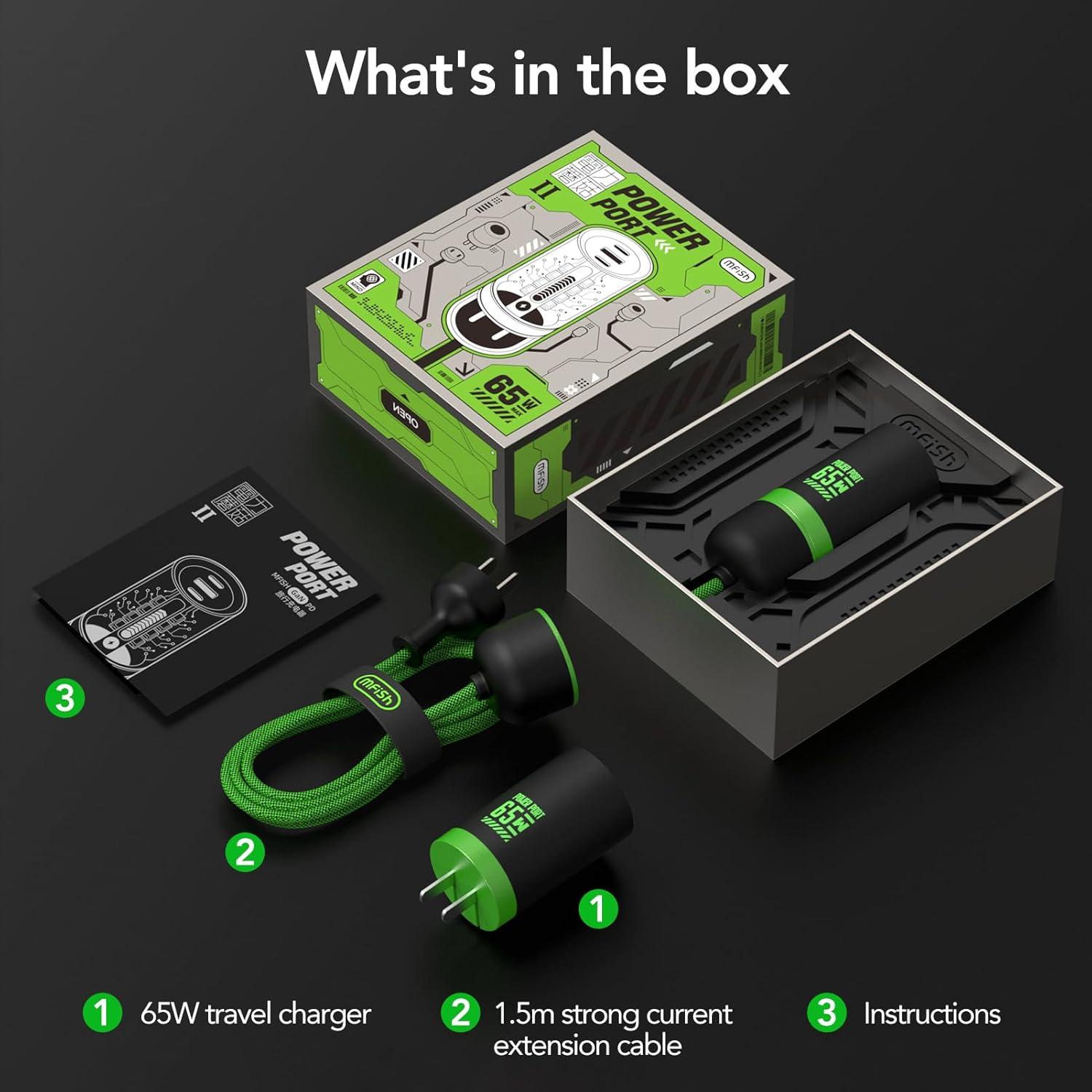 Cargador Rápido MFish 65W GaN 3 Puertos USB-C y USB-A