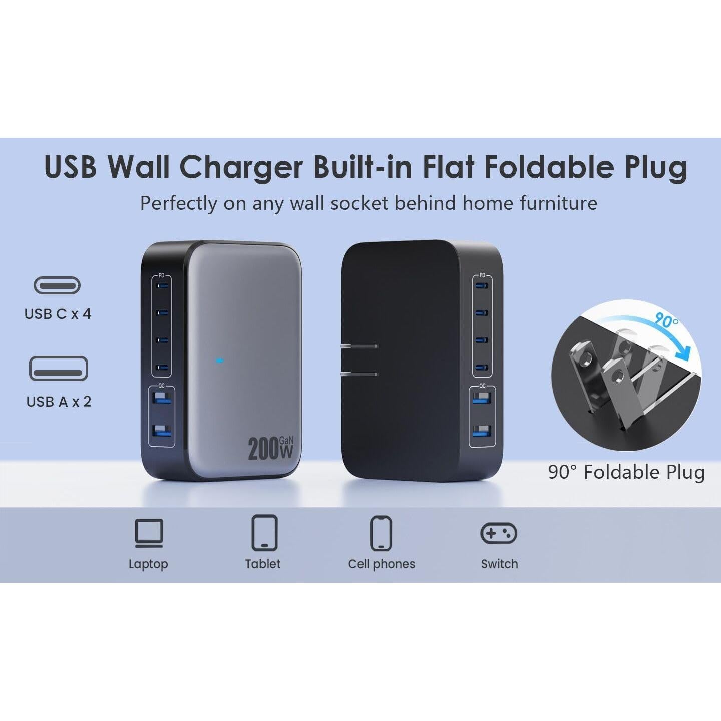 USB C Charger 200W USB Charging Block,6 Ports GaN IV Foldable Wall Charger Outlet Plug,QC4.0 Fast Charging Station Hub,PD 65W Laptop Adapter for MacBook Pro/Air,Dell,iPhone 16/15,Galaxy,Steam Deck