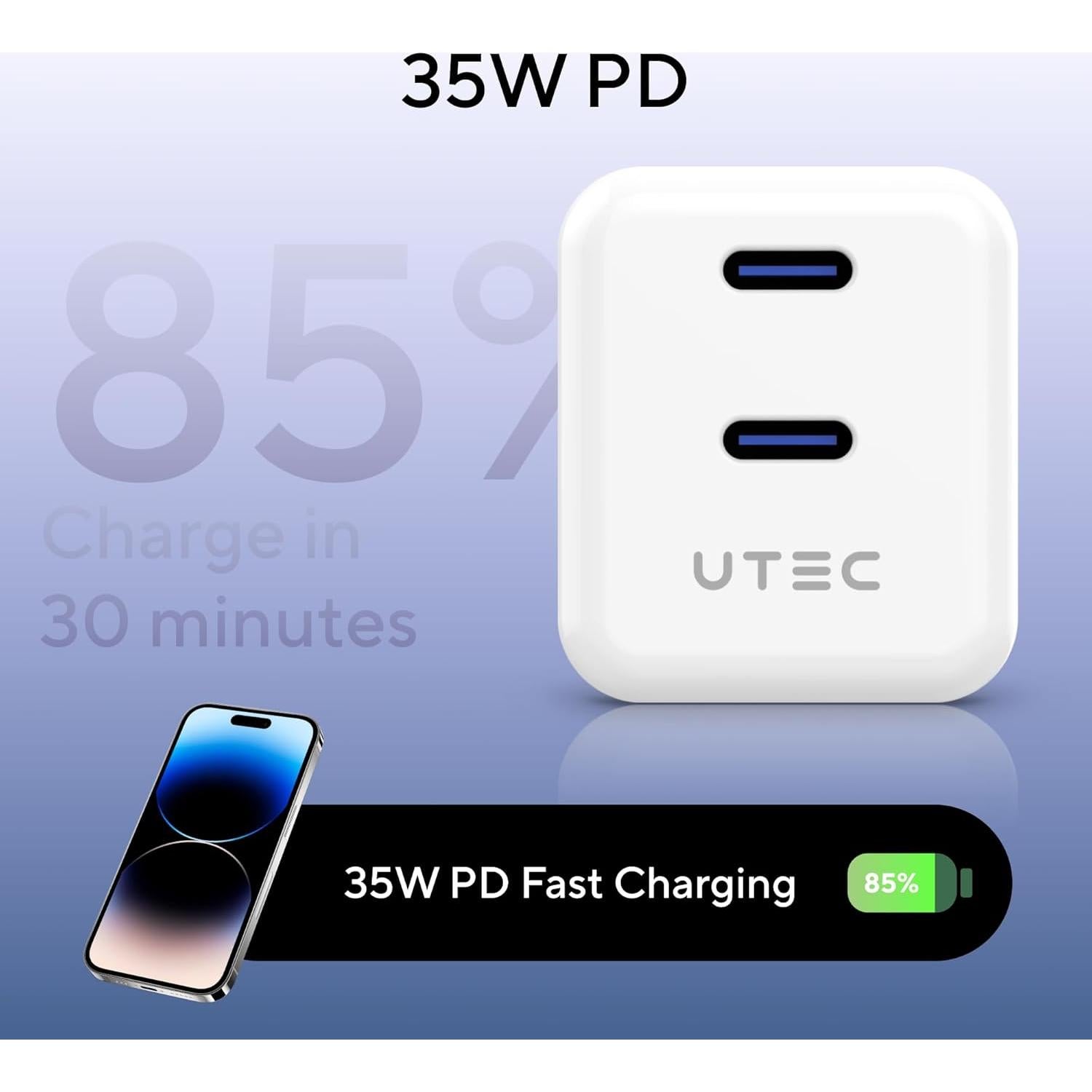 Cargador USB C UTEC 35W Plegable 2 Puertos Rápido