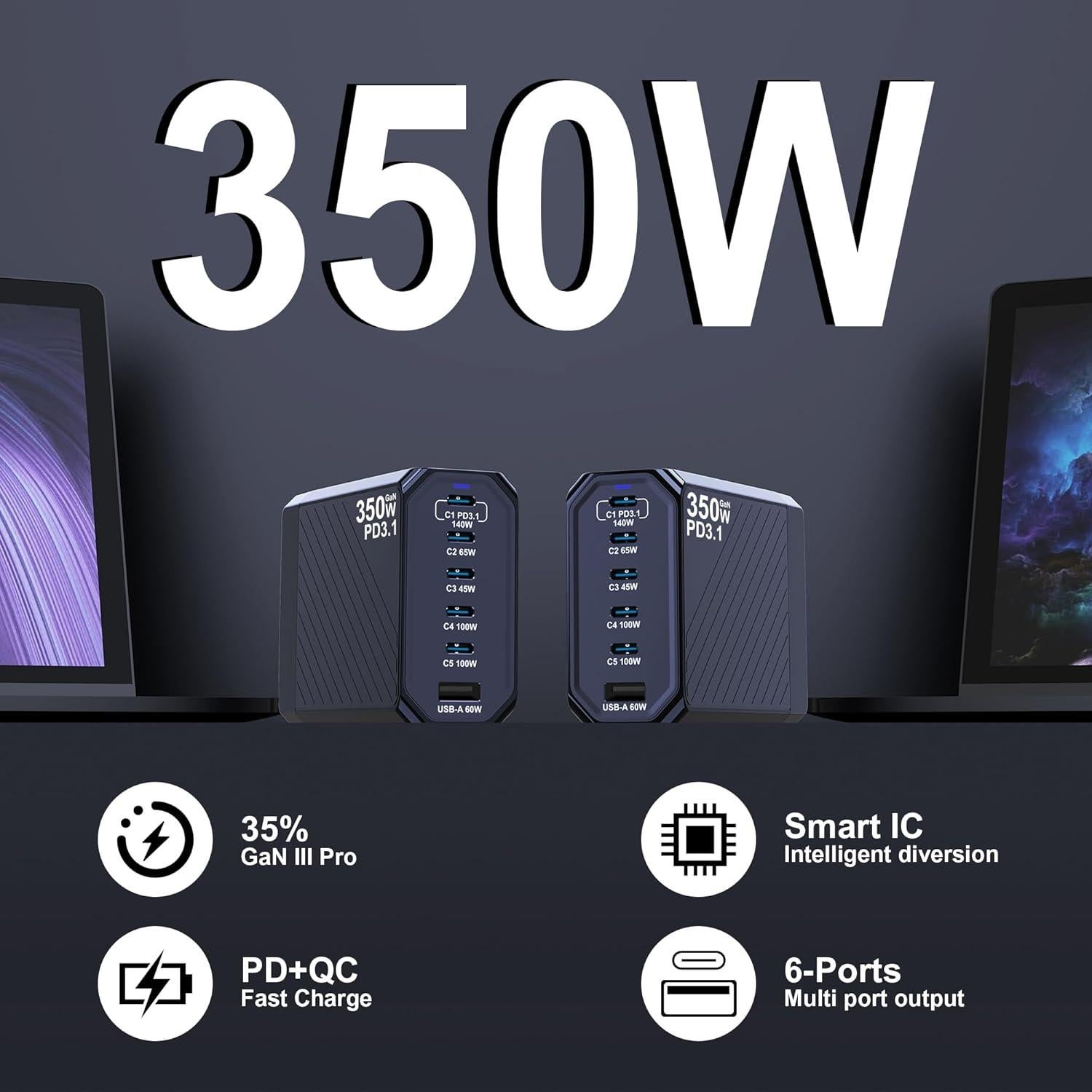 Cargador USB C 350W Ubigbuy 6 Puertos PD3.1 Rápido