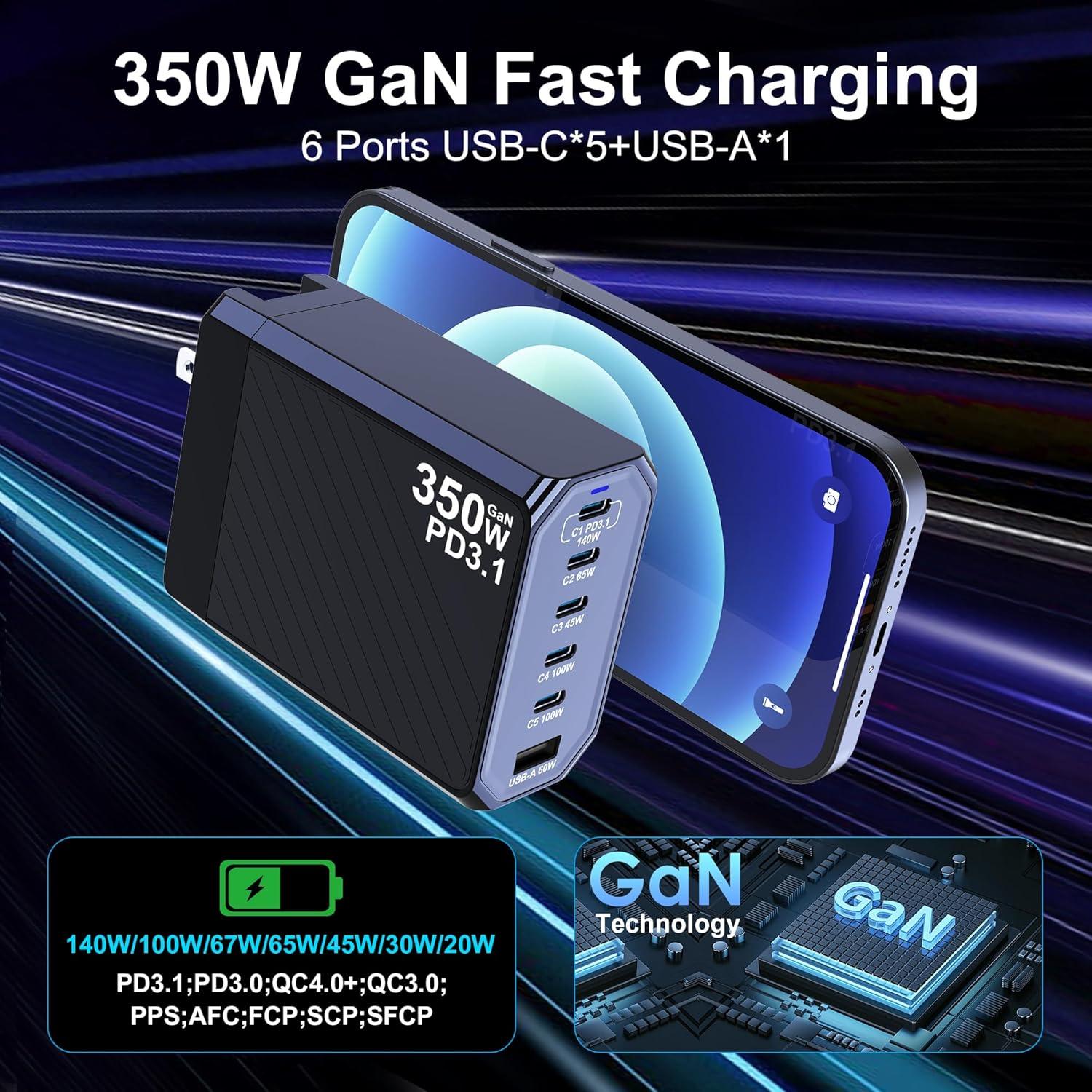 Cargador USB C 350W Ubigbuy 6 Puertos PD3.1 Rápido