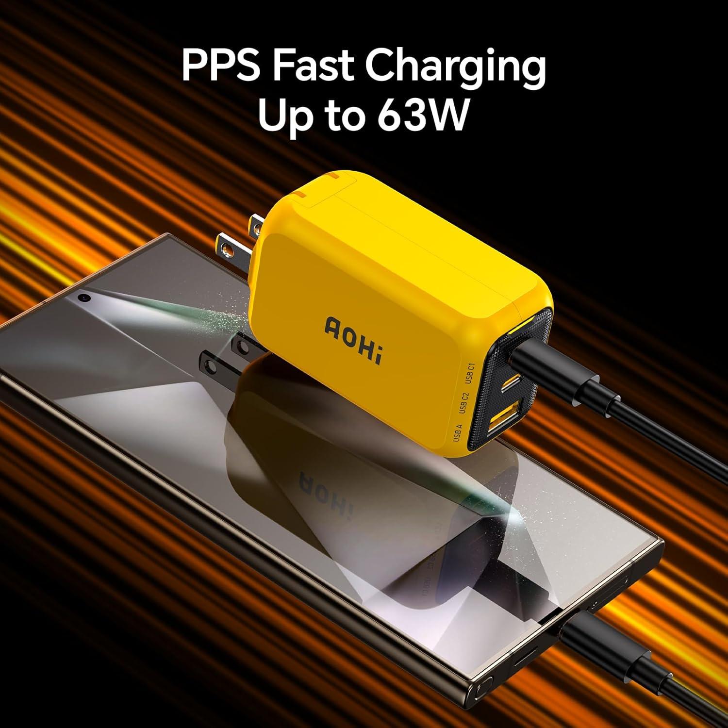 Cargador USB C AOHI Youth 65W Plegable 3 Puertos Amarillo