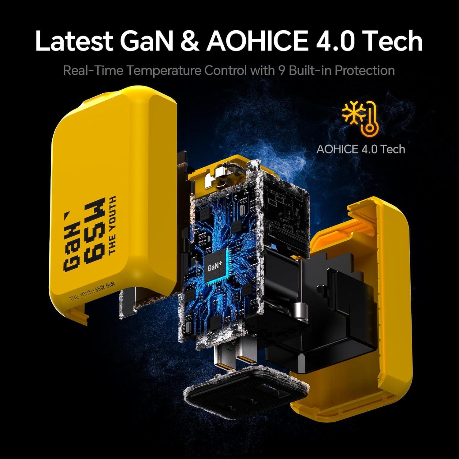 Cargador USB C AOHI Youth 65W Plegable 3 Puertos Amarillo