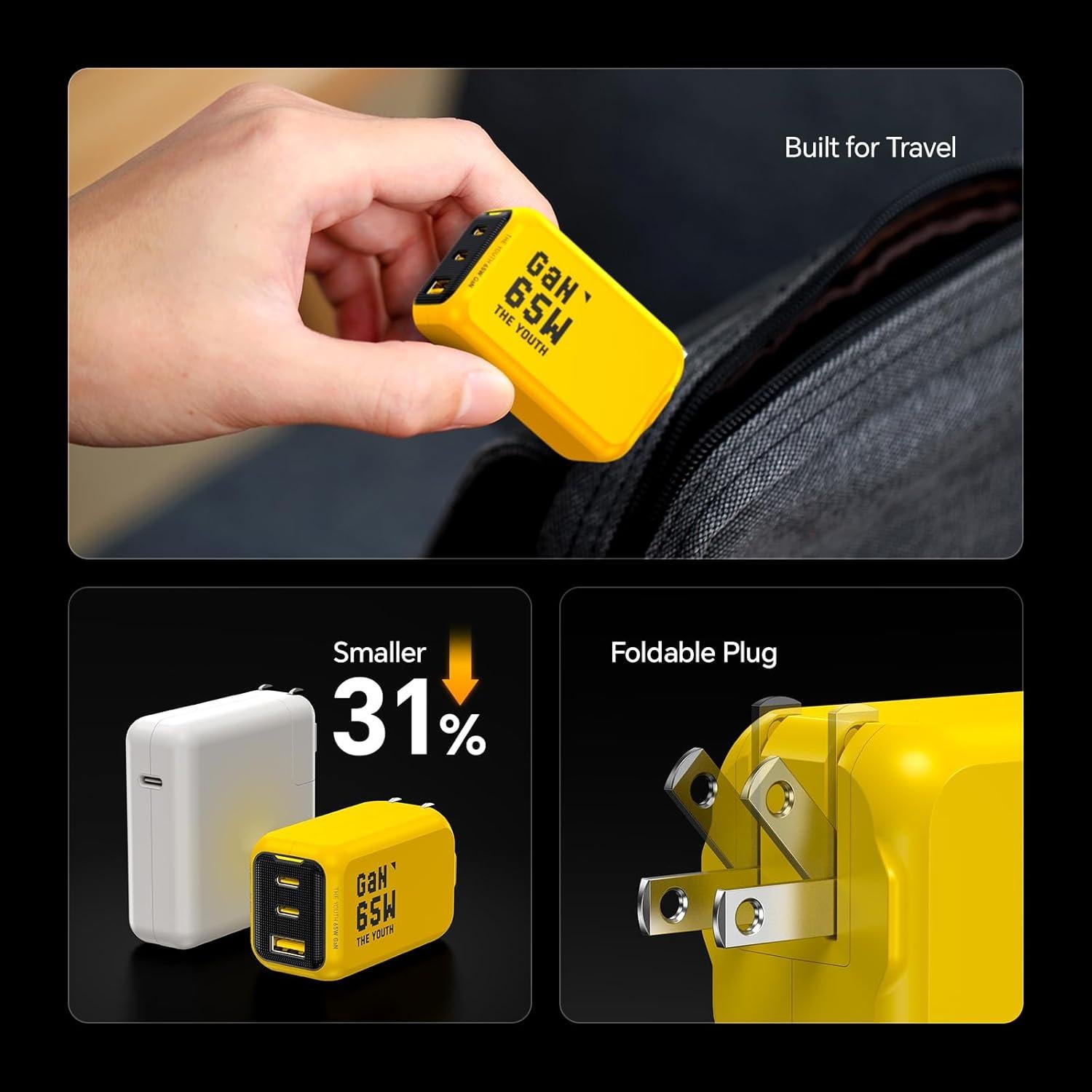 Cargador USB C AOHI Youth 65W Plegable 3 Puertos Amarillo