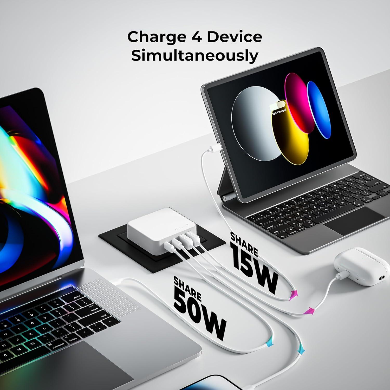 Cargador de pared USB C Nekmit 65W, 4 puertos, blanco