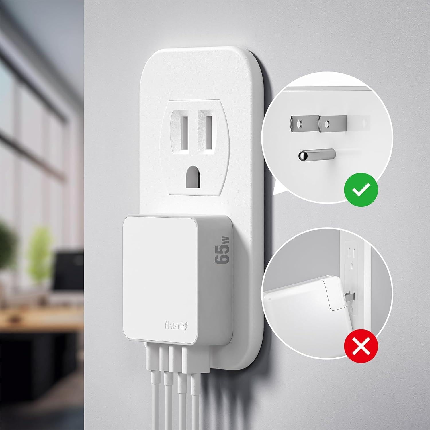 Cargador de pared USB C Nekmit 65W, 4 puertos, blanco