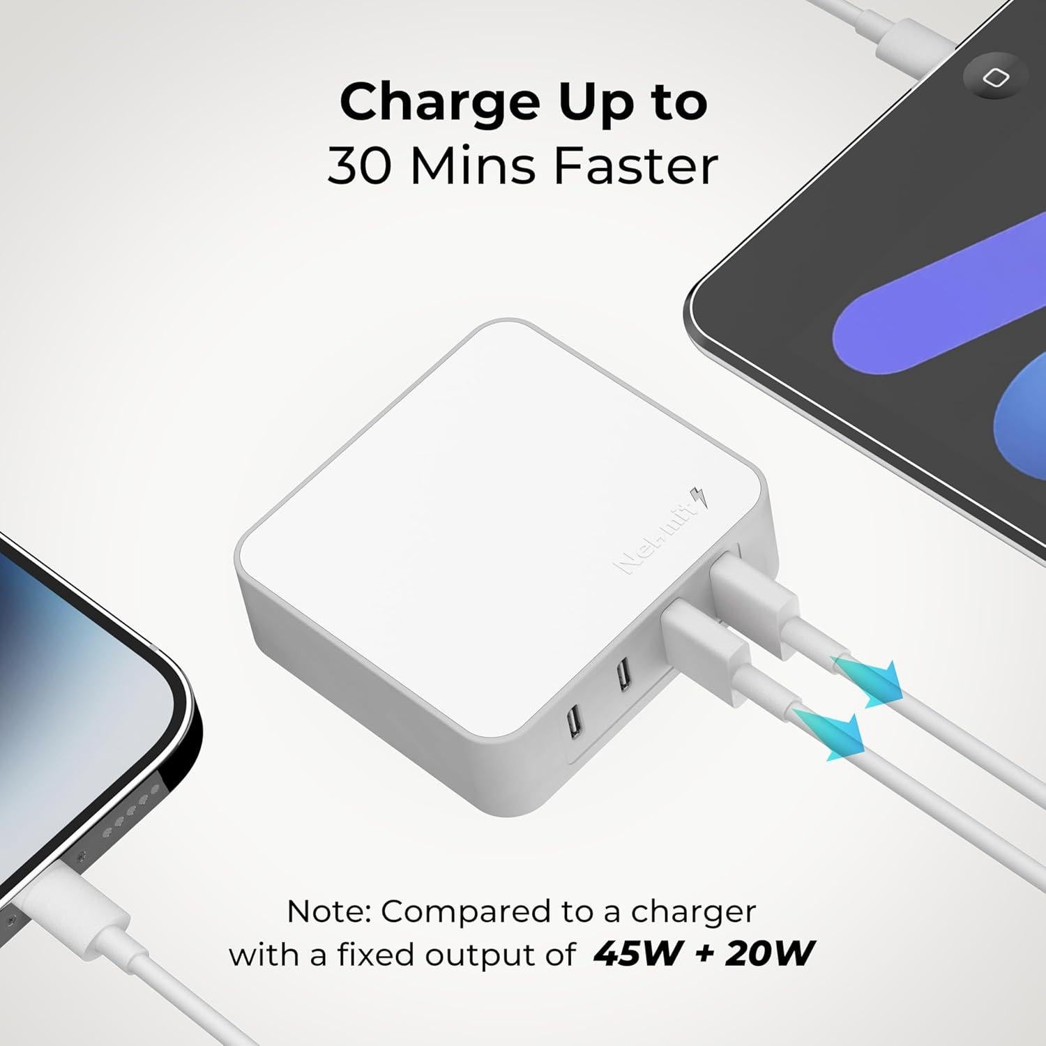 Cargador de pared USB C Nekmit 65W, 4 puertos, blanco