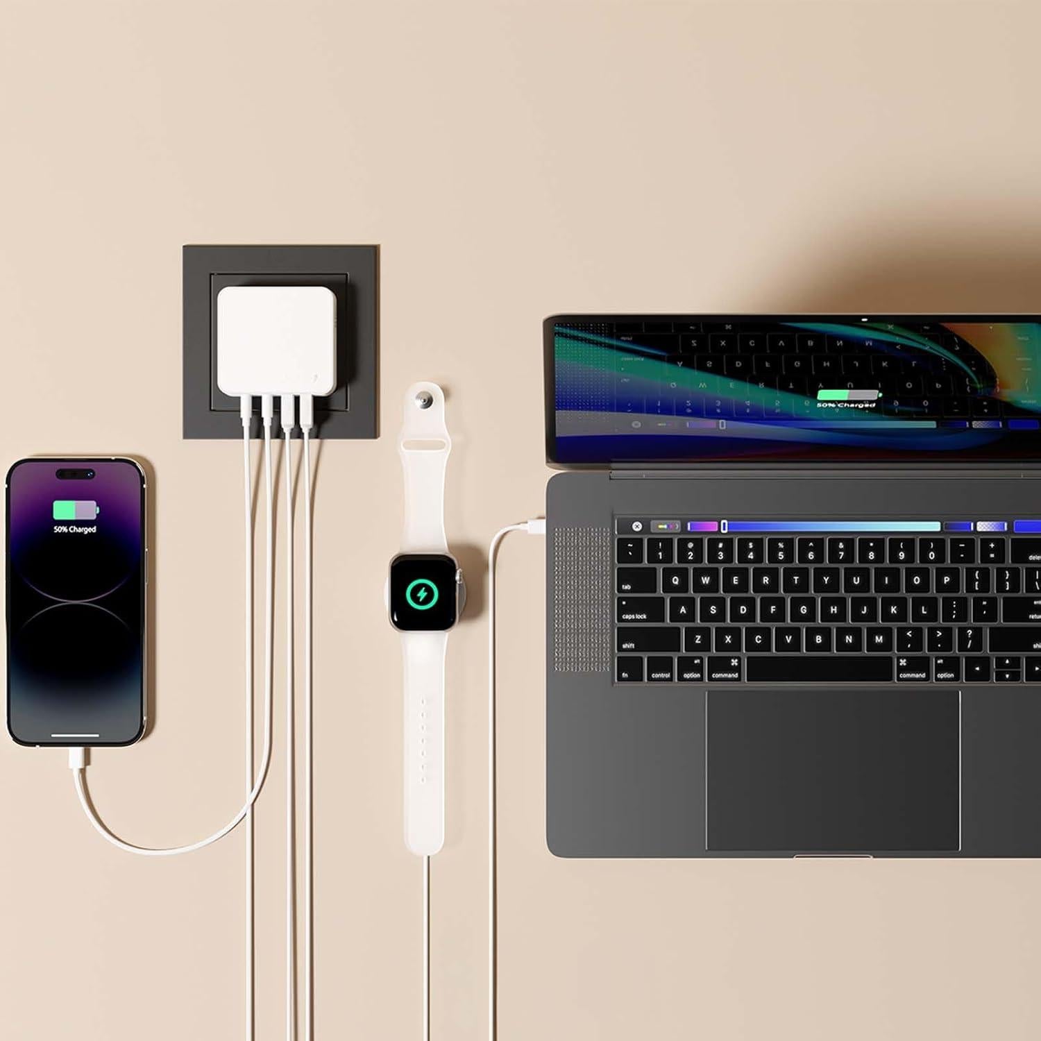 Cargador de pared USB C Nekmit 65W, 4 puertos, blanco