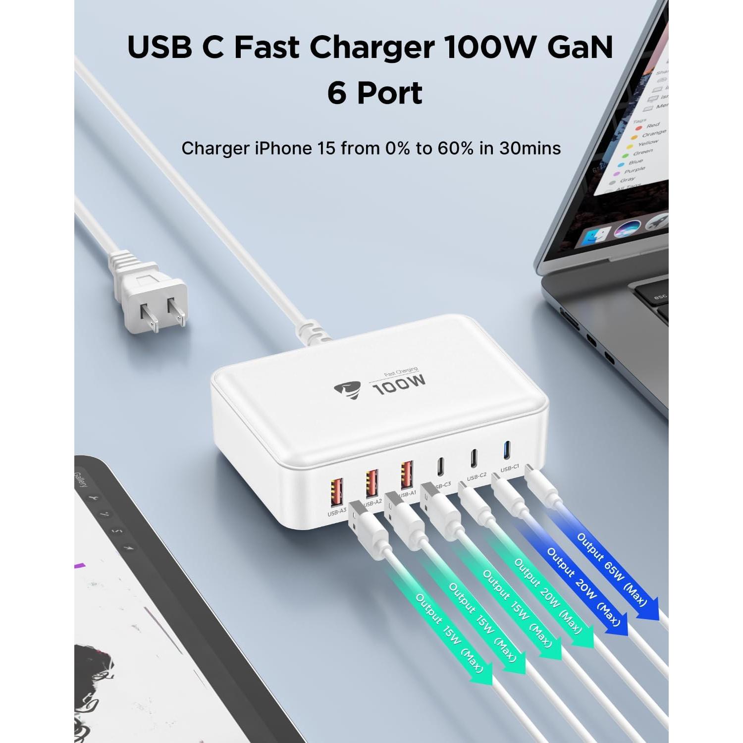 Estación de Carga USB C Aiminu 100W 6 Puertos Carga Rápida