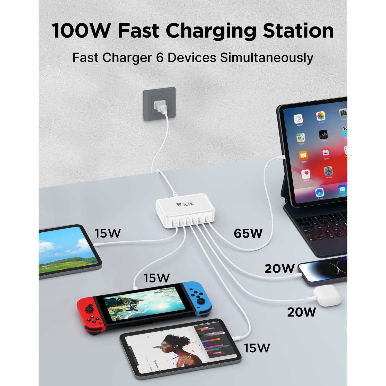 Estación de Carga USB C Aiminu 100W 6 Puertos Carga Rápida