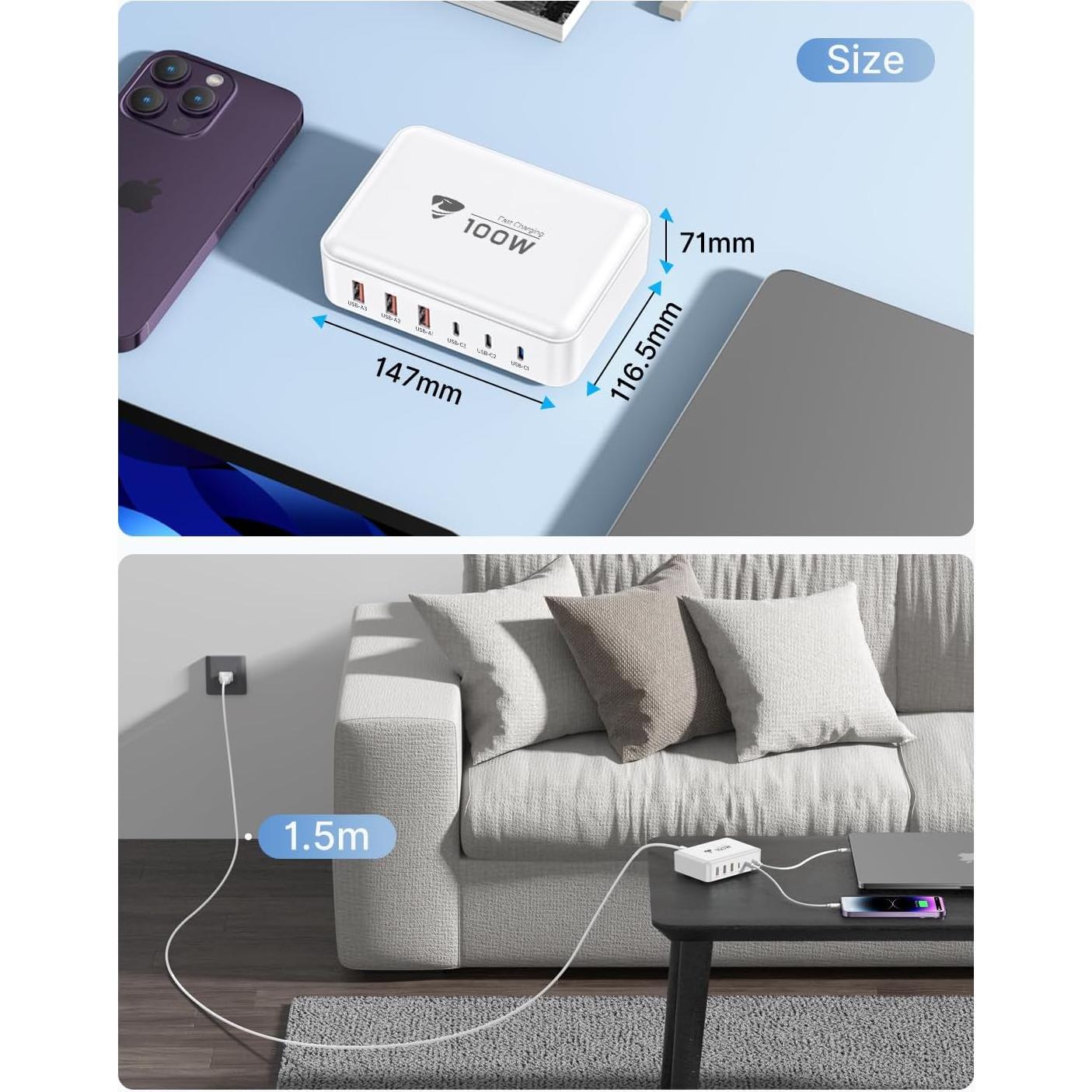 Estación de Carga USB C Aiminu 100W 6 Puertos Carga Rápida