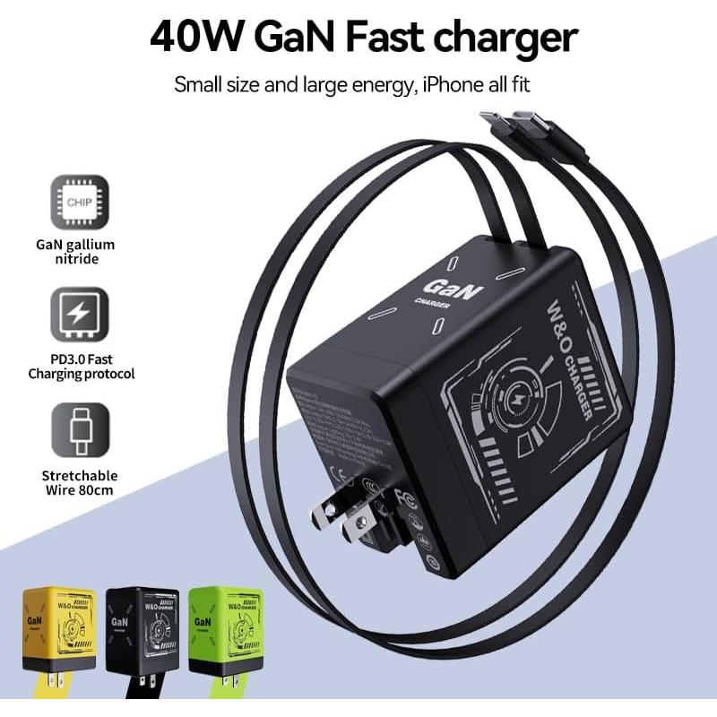 Cargador Hatalkin W&O 2 en 1 GaN 40W con Cables Retráctiles
