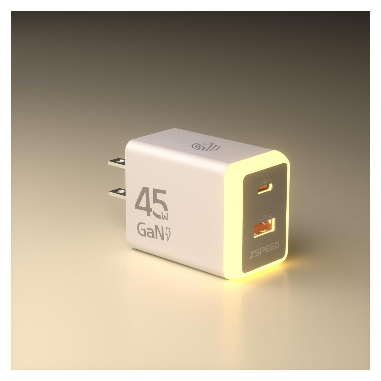 Cargador USB C 45W GaN con Luz Nocturna Doble Puerto