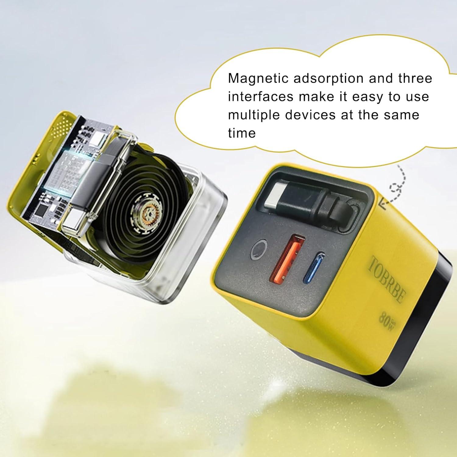 Cargador 3 en 1 GaN 80W WESWAY con Cable Retráctil Amarillo