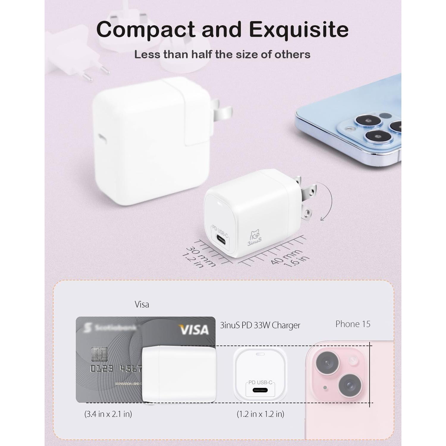 Cargador de pared 3inuS GaN USB-C PD 33W para iPhone y MacBook