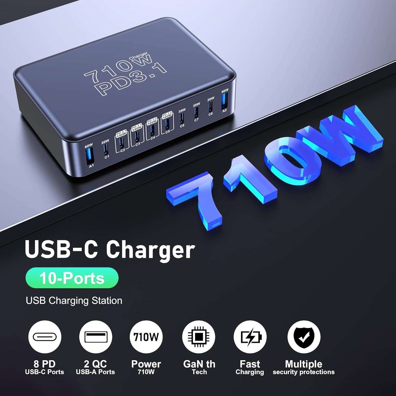 Cargador USB C CHIPOFY 710W 10 Puertos Carga Rápida GaN