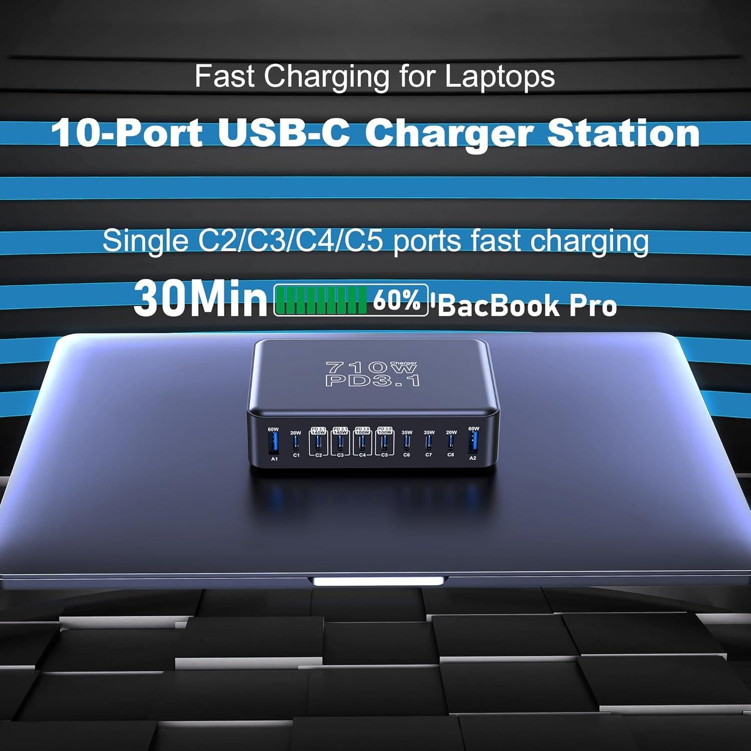 Cargador USB C CHIPOFY 710W 10 Puertos Carga Rápida GaN