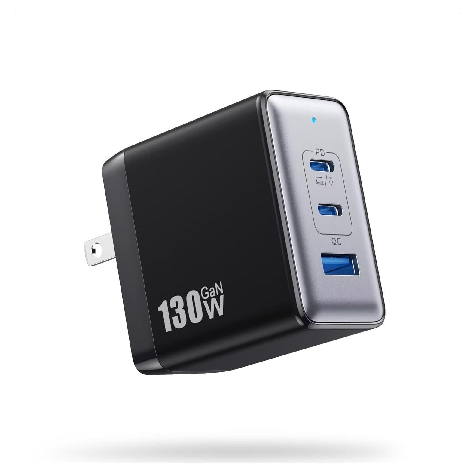 Cargador USB C Rápido 130W GaN 3 Puertos Plegable Negro