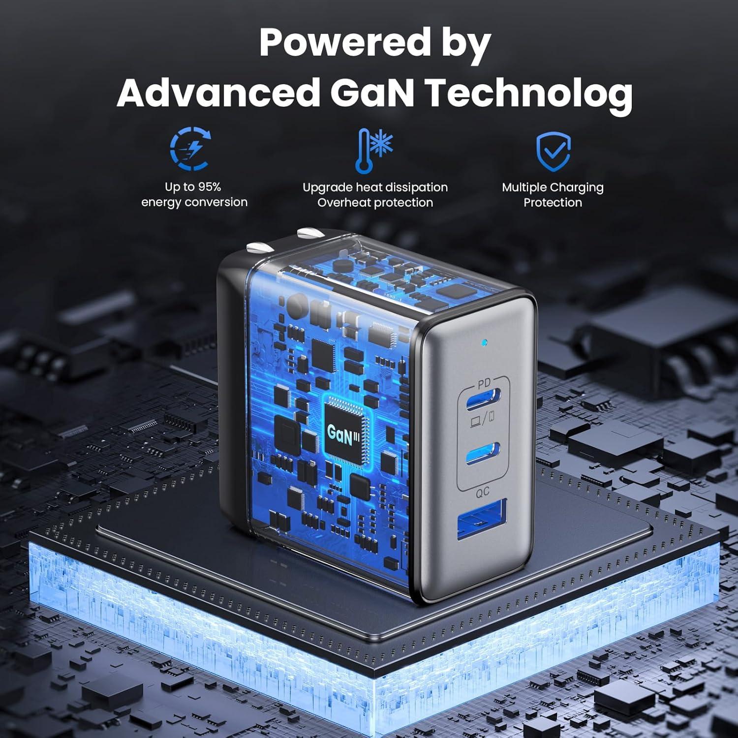 Cargador USB C Rápido 130W GaN 3 Puertos Plegable Negro