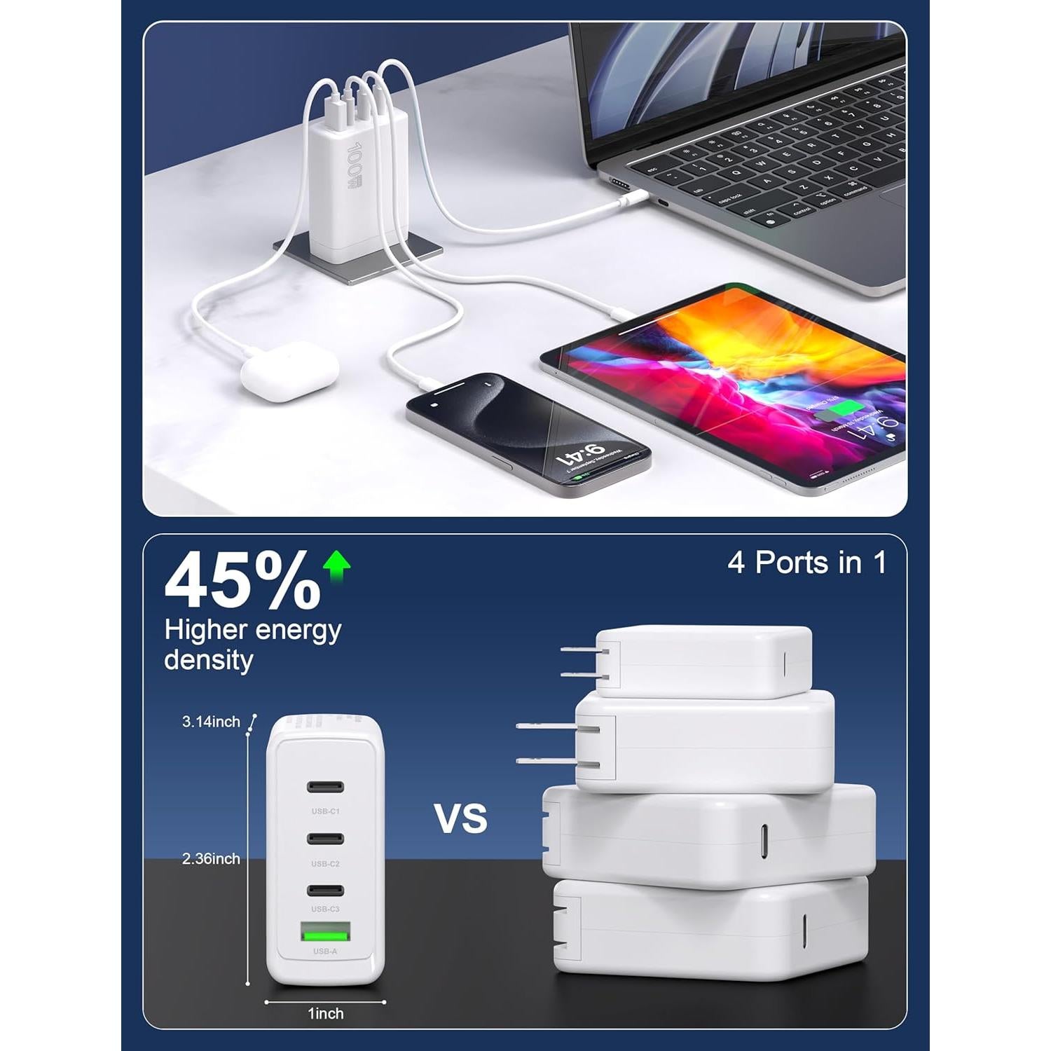 Cargador USB-C 100W 4 Puertos Shenzhen EGC49 Carga Rápida